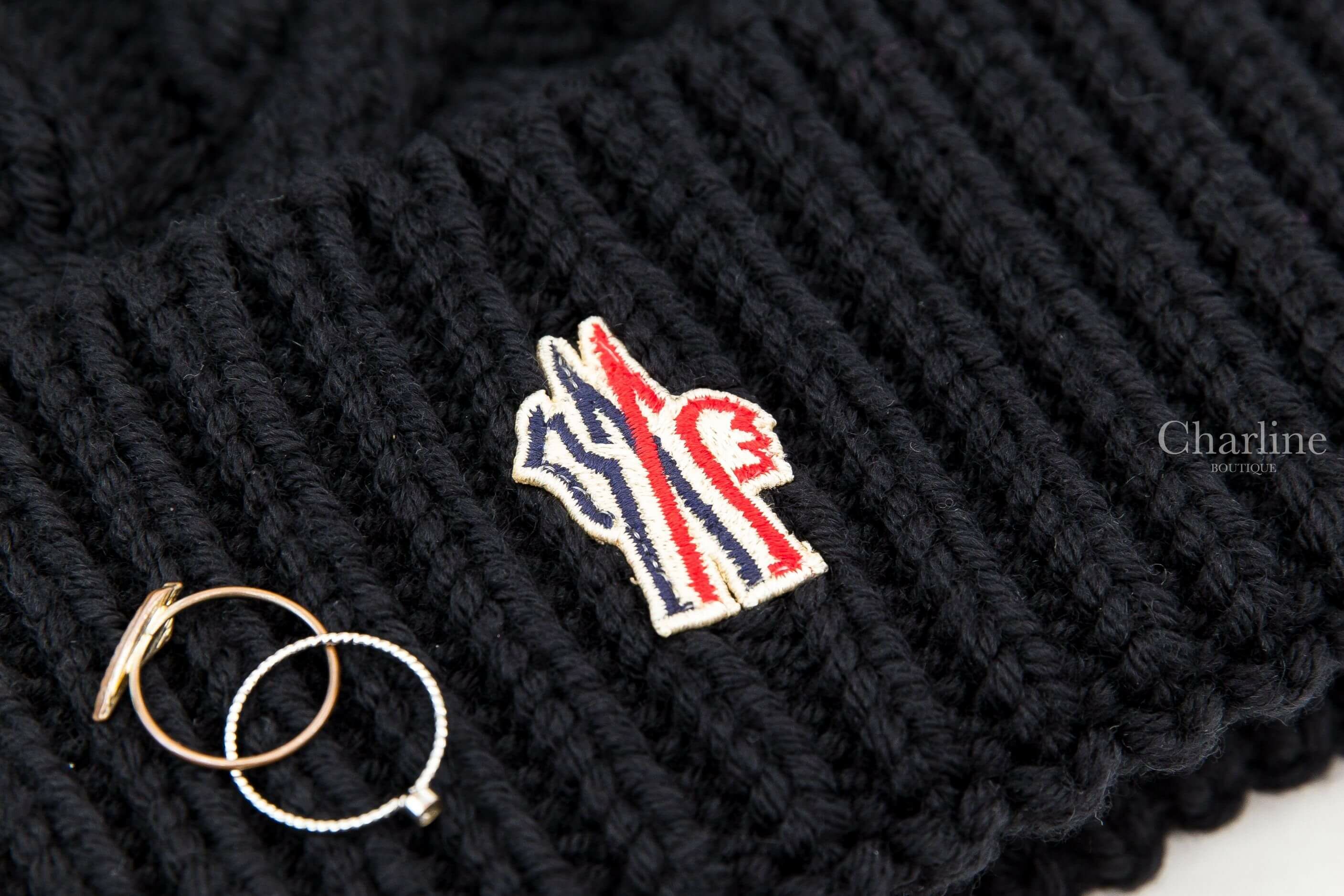Moncler Wool Beanie 黑色刺繡Logo羊毛麻花針織毛帽