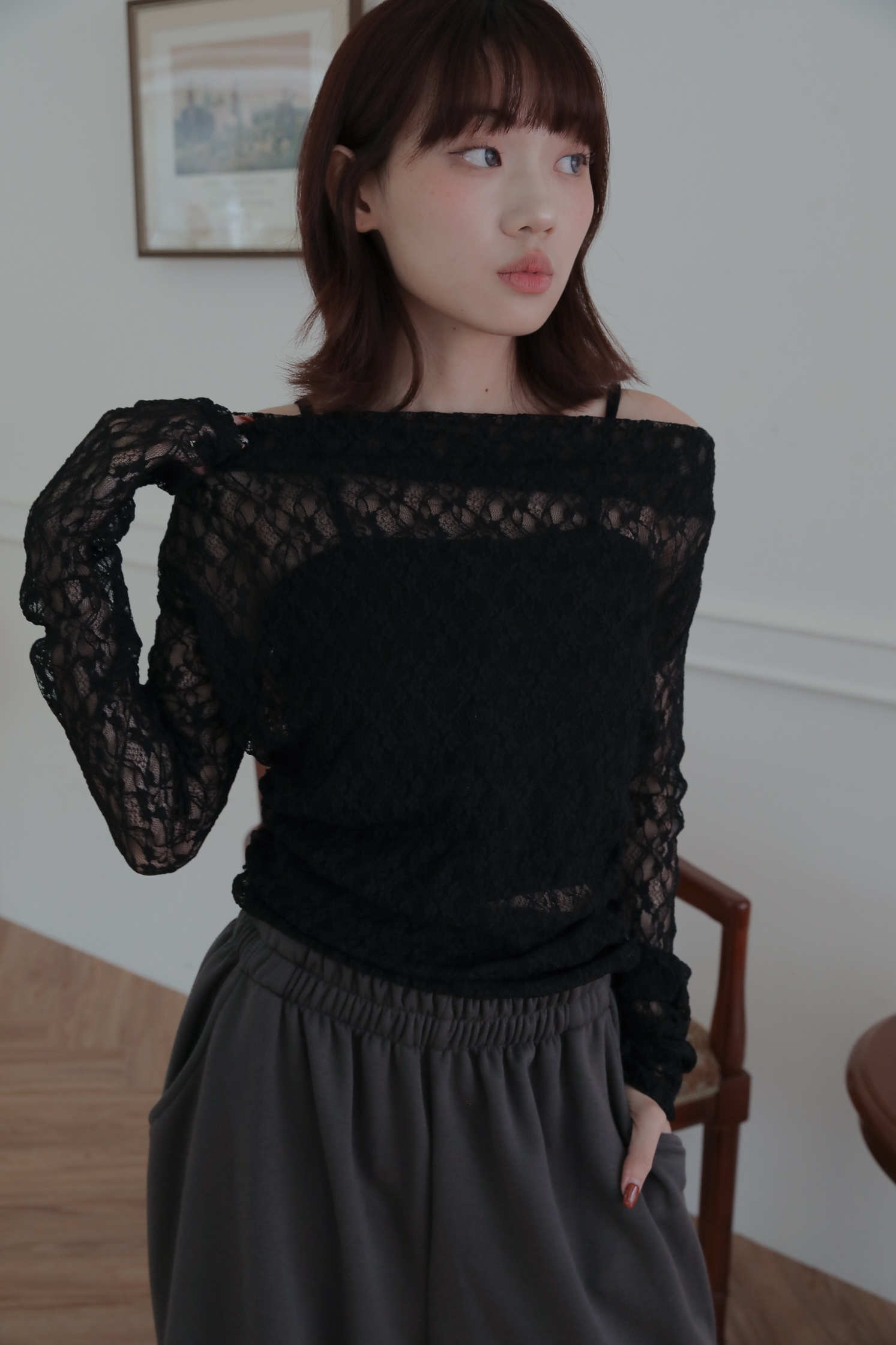 Lace Shirring Off Shoulder #上衣