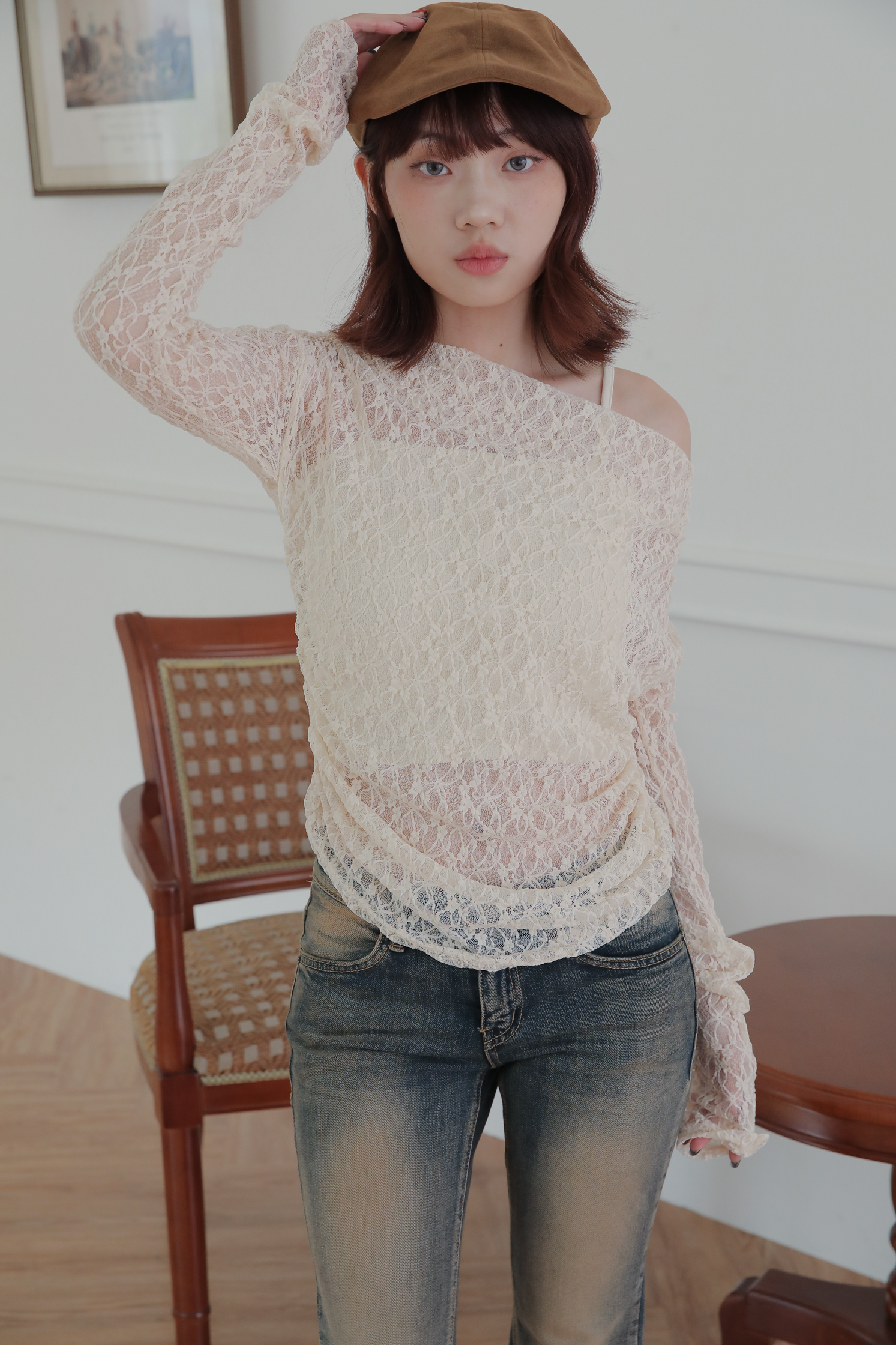 Lace Shirring Off Shoulder #上衣