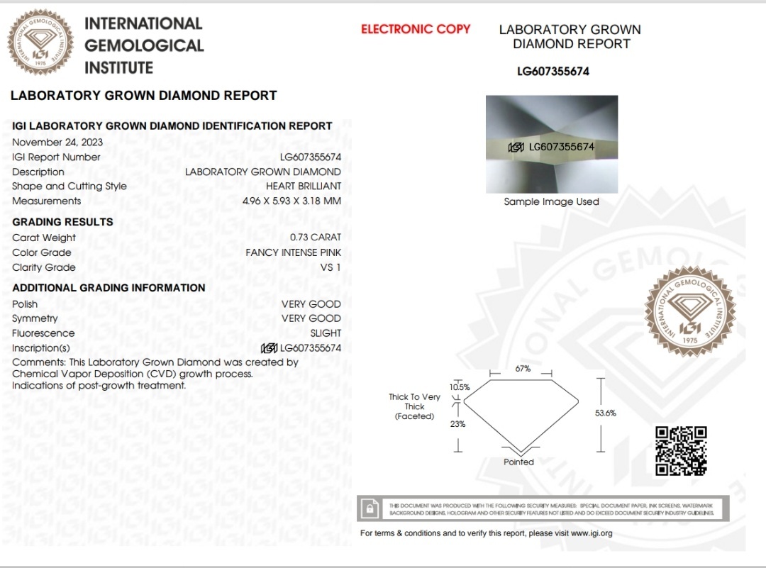 IGI 培育粉紅鑽石 0.73 F.I.P VS1 VG VG SLIGHT
