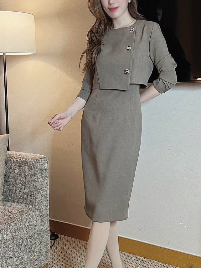 雙層合身金釦洋裝