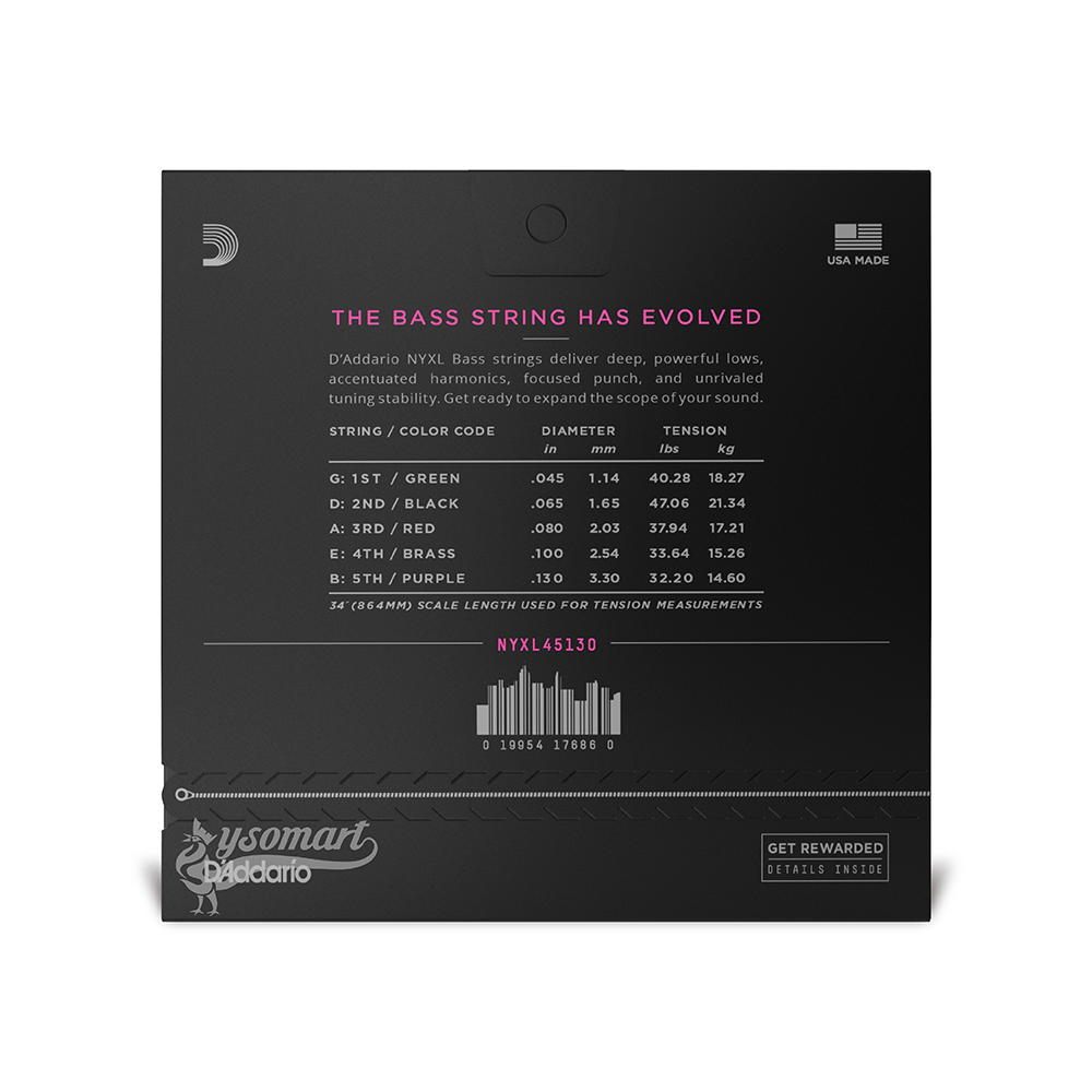 D’Addario NYXL Nickel NYXL45130 鍍鎳鋼弦電貝斯五弦套弦 (045-130)
