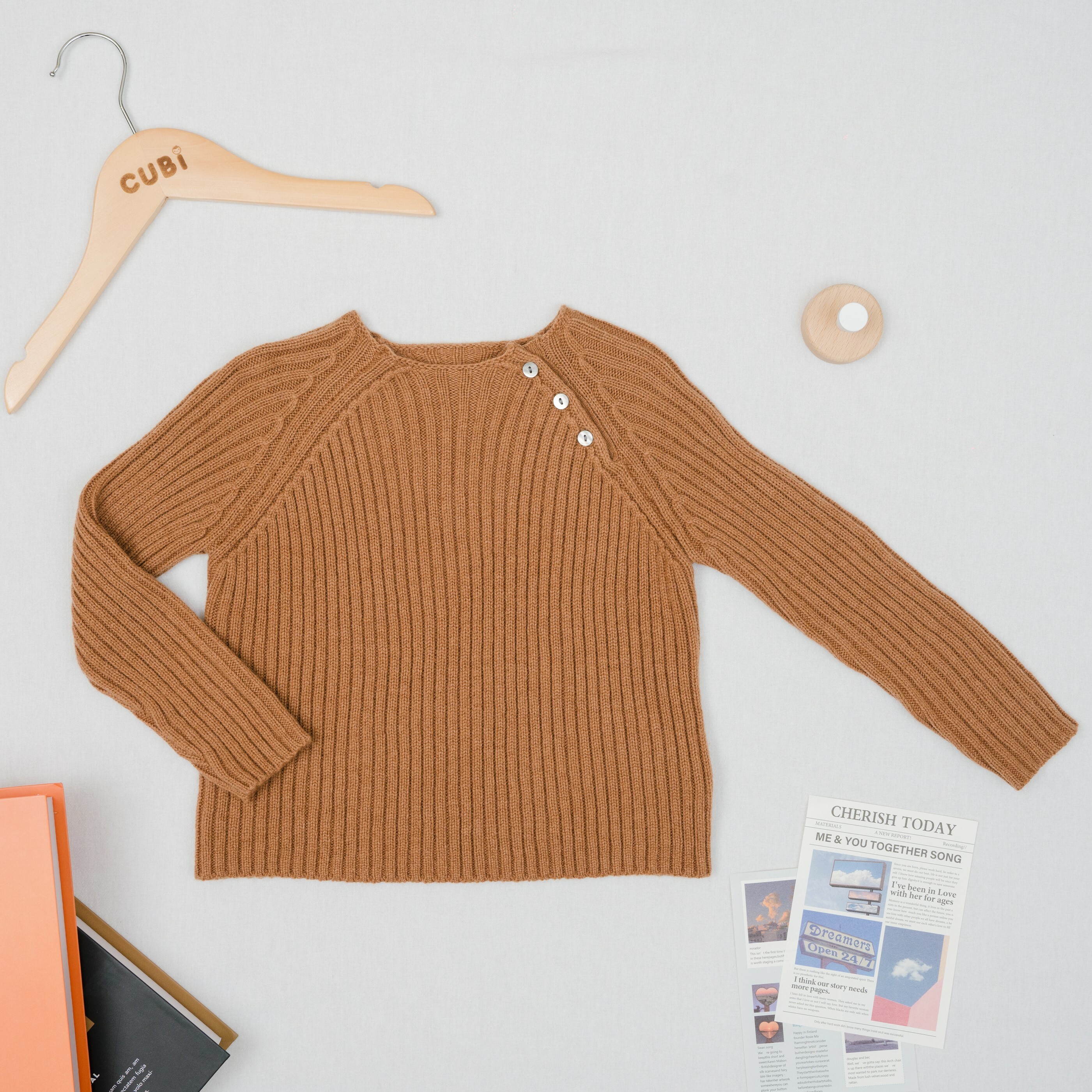 羊毛肩排釦毛衣-栗子色