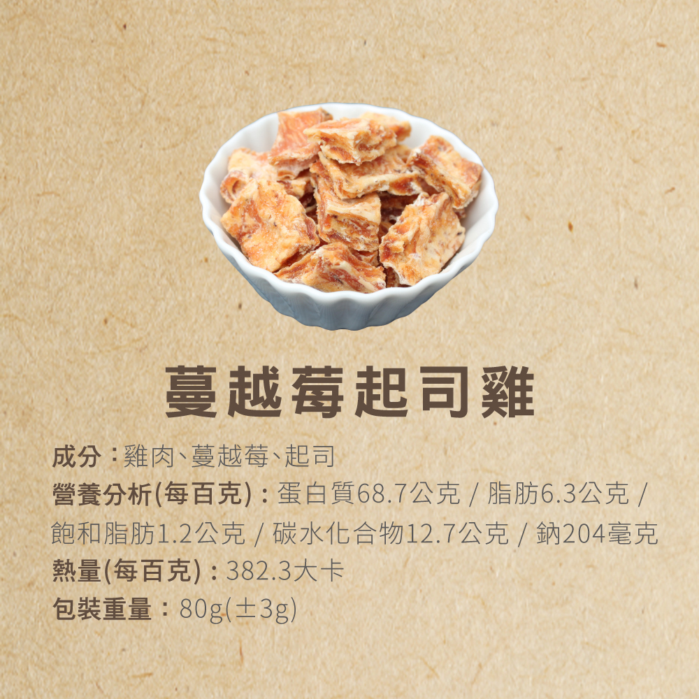 犬貓零食蔓越莓起司雞手作零食營養成分表