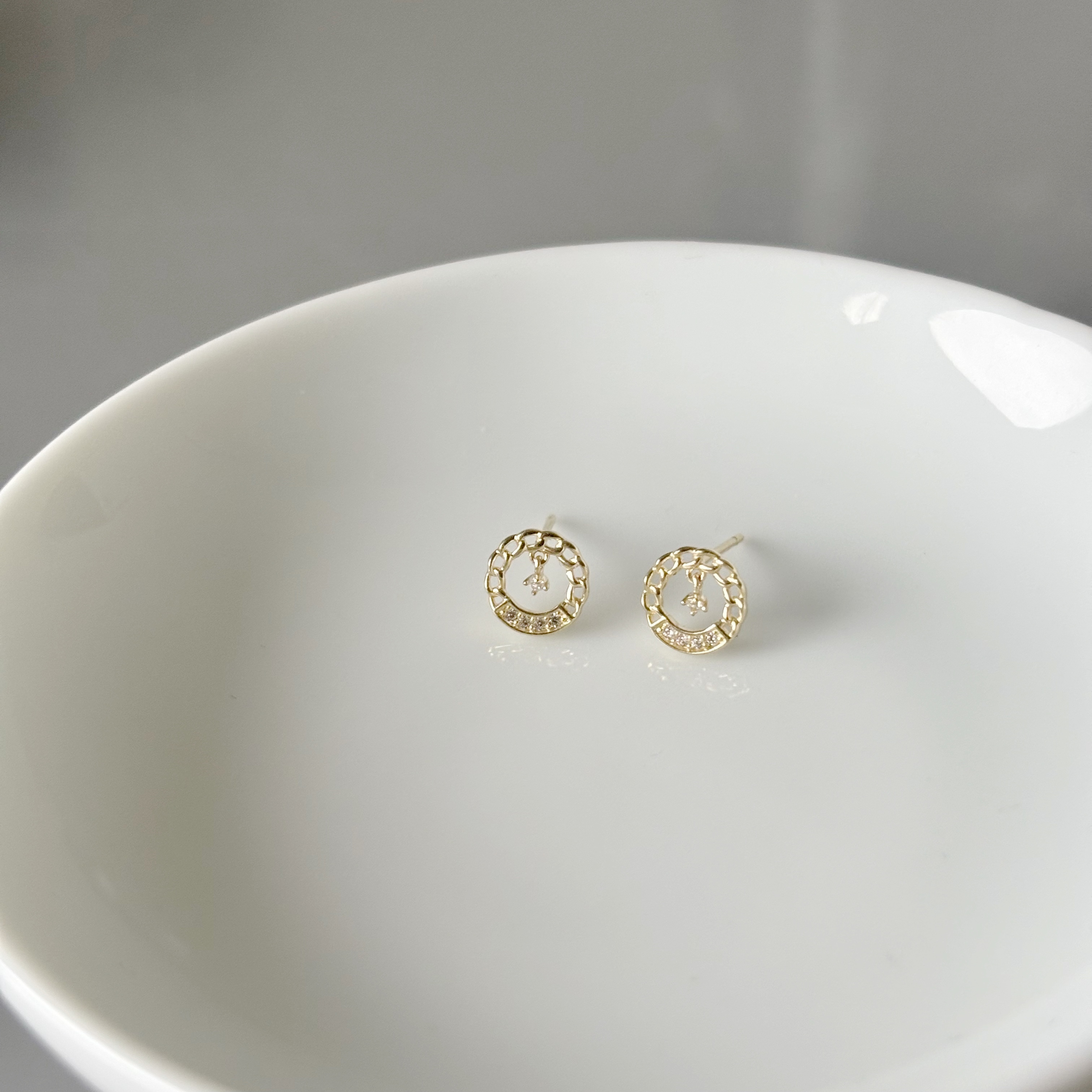 10K圈圈鎖鏈垂墜小鋯石耳環