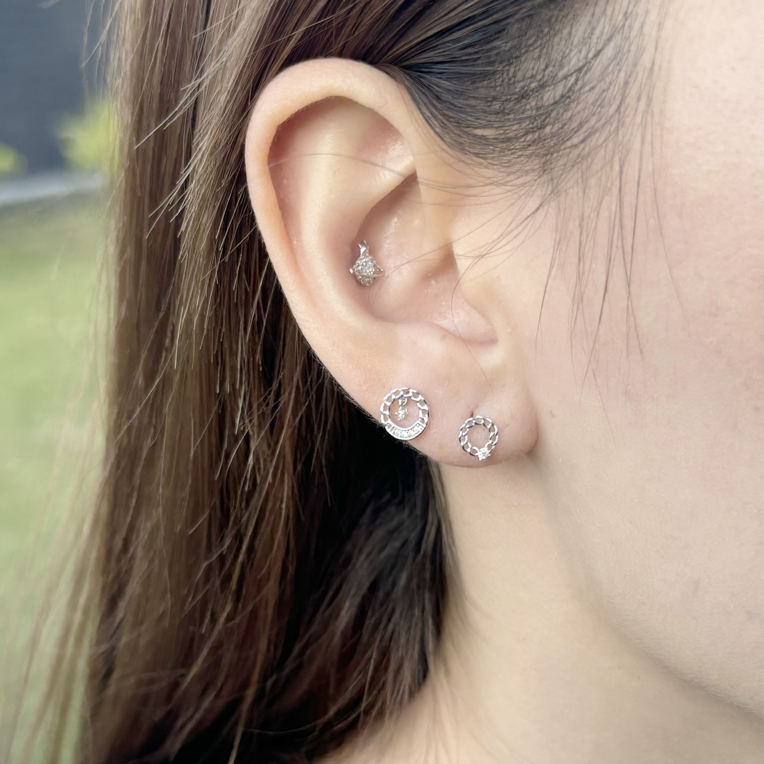 10K圈圈鎖鏈垂墜小鋯石耳環