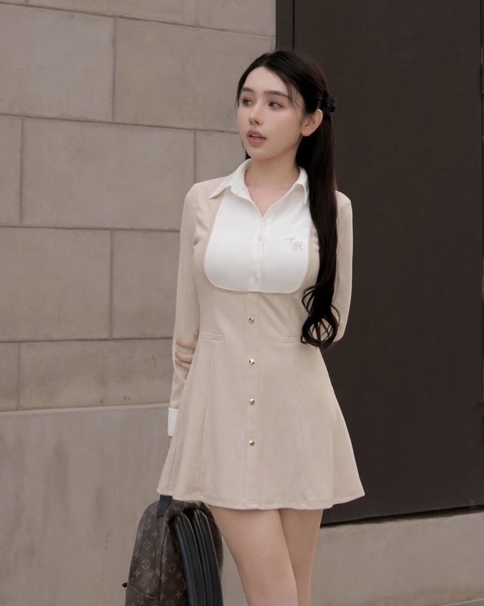 訂製-假兩件坑條傘襬襯衫洋