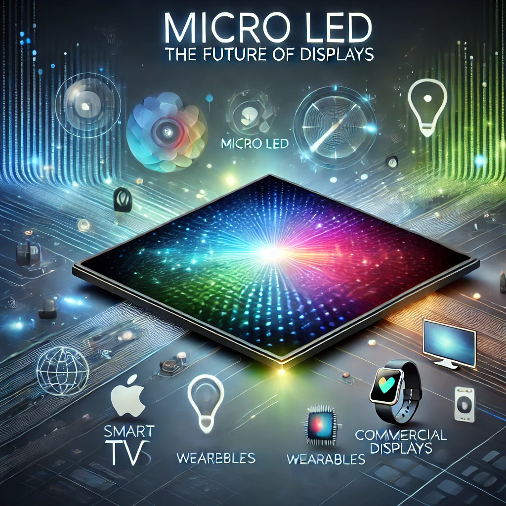 一張展示 Micro LED 技術的現代未來感社群圖。圖片中央是一塊發光的 Micro LED 面板，呈現鮮豔的色彩和深邃的黑色，周圍環繞著智能電視、可穿戴設備和商業顯示屏的圖標。背景以藍綠漸變數字波紋為主題，標語為 'Micro LED: The Future of Displays'
