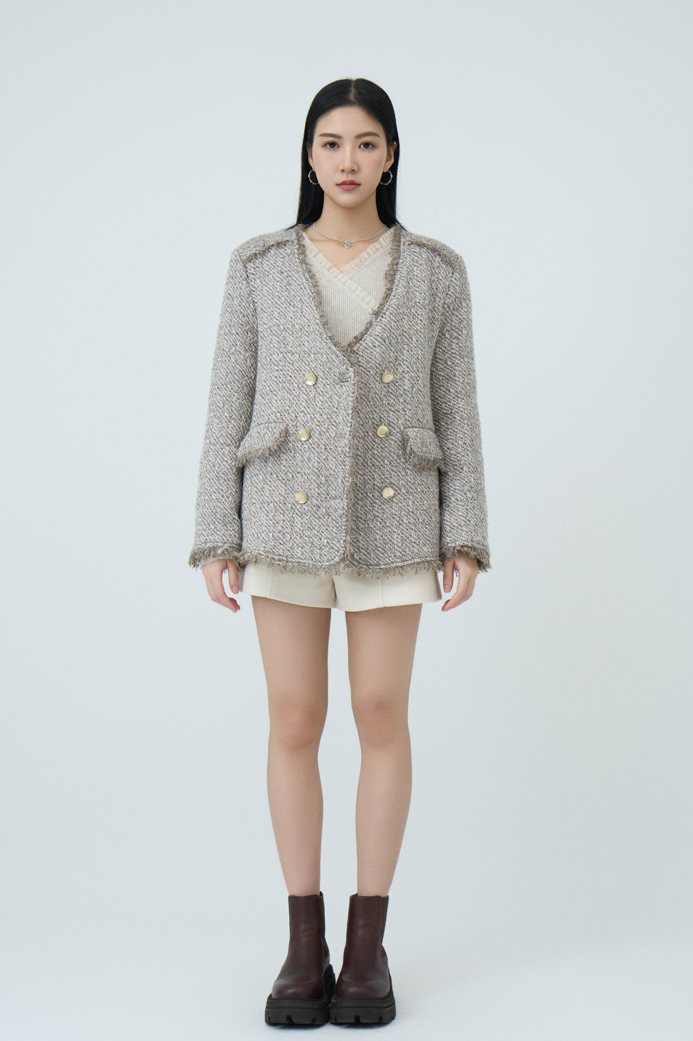 蘇蘇邊大V領孖襟tweed外套 (現貨款式）