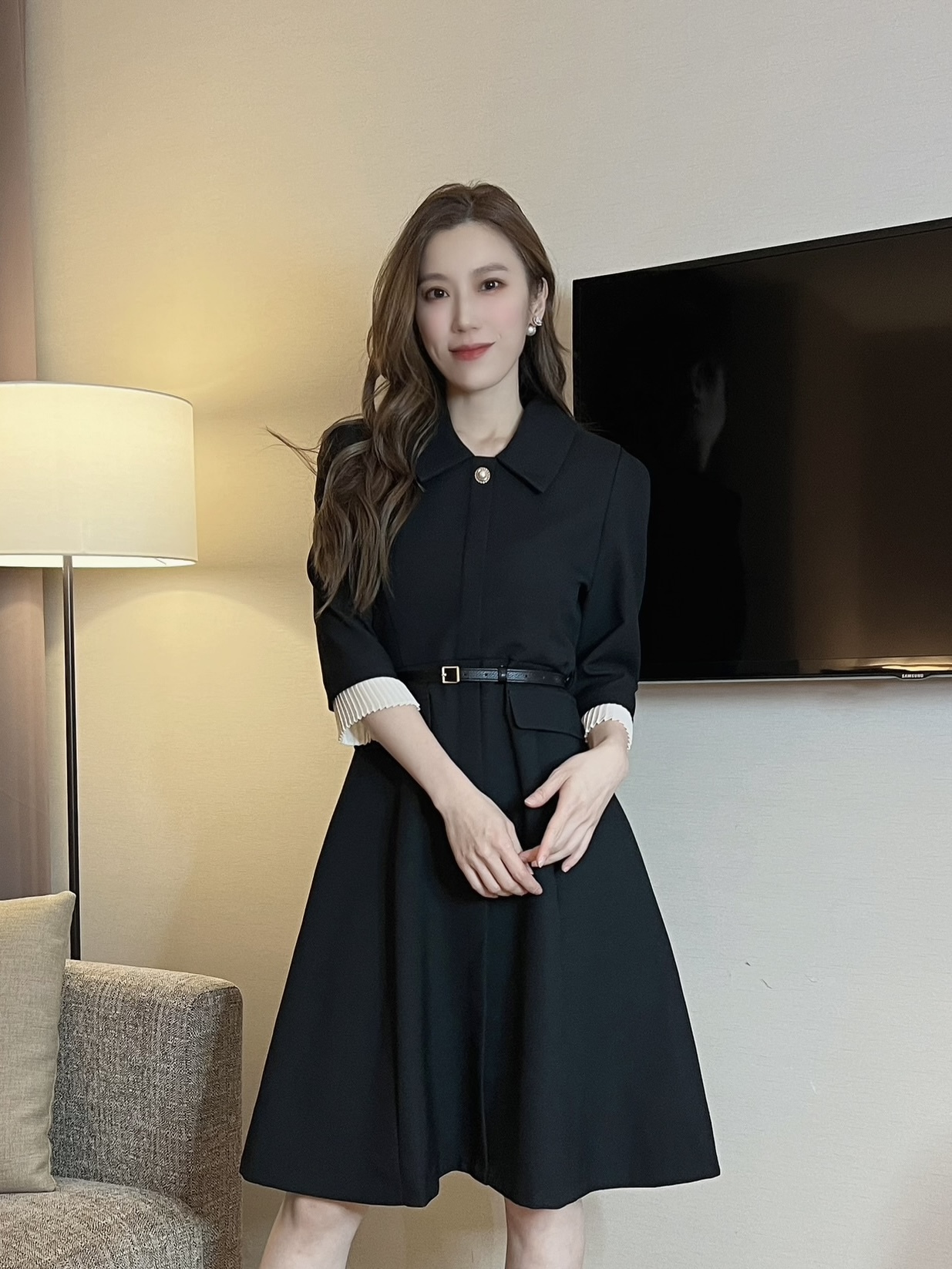 手袖拼接百褶腰帶傘洋