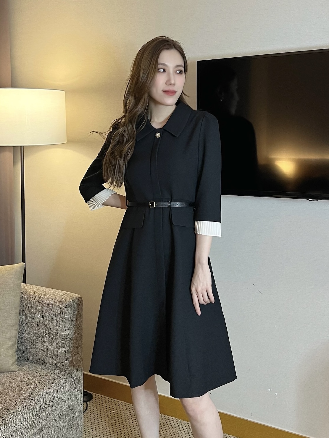 手袖拼接百褶腰帶傘洋