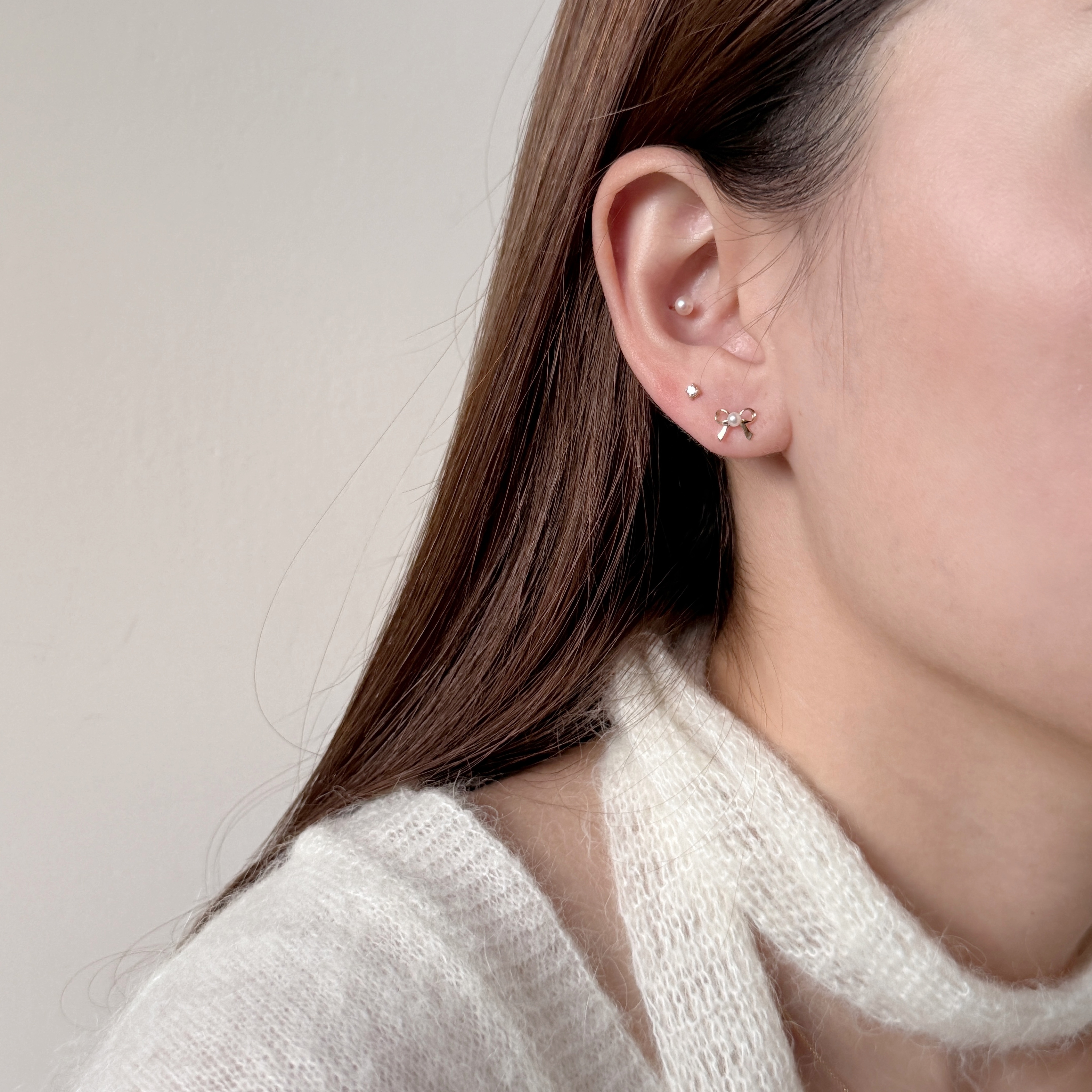 10K珍珠蝴蝶結耳環