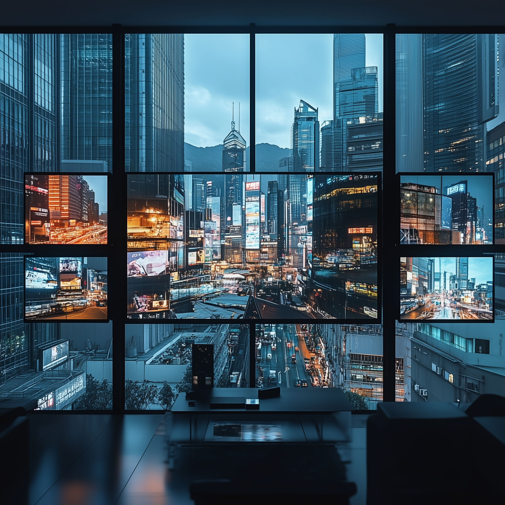 A futuristic urban cityscape displayed across multiple screens of varying sizes, representing advanced TV resolutions. The vibrant and sharp visuals symbolize 4K, 8K, 16K, and 32K resolutions, set against a sleek, high-tech interior with a modern urban skyline in the background.