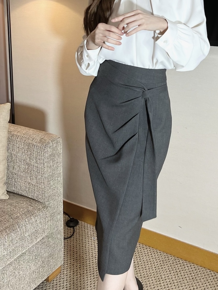 (薄刷絨)側裁片打褶窄裙