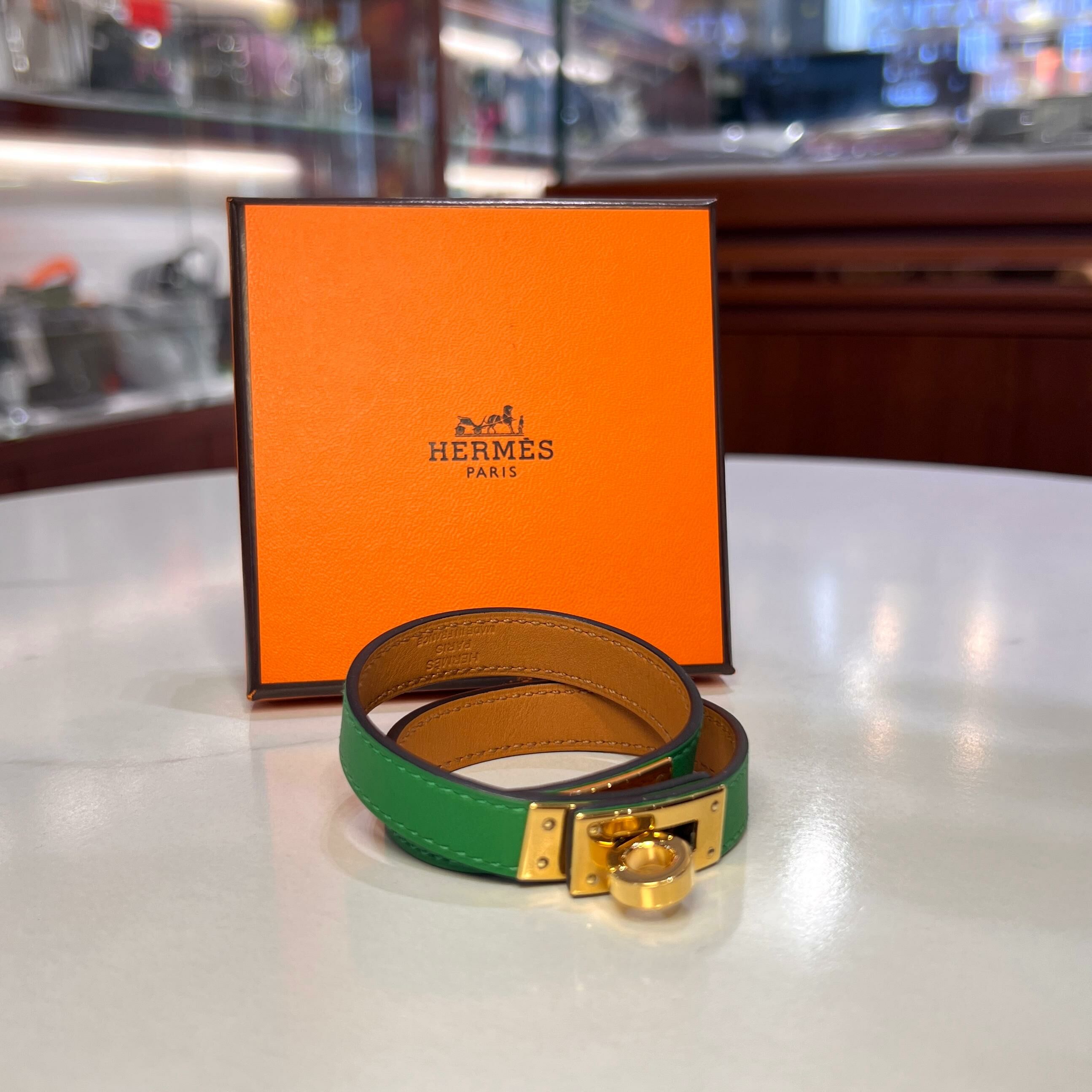 95%NEW二手HERMES KELLY 手帶綠色/金棕色 金扣 EPSOM皮 Kelly Double Tour bracelet #香榭站正品