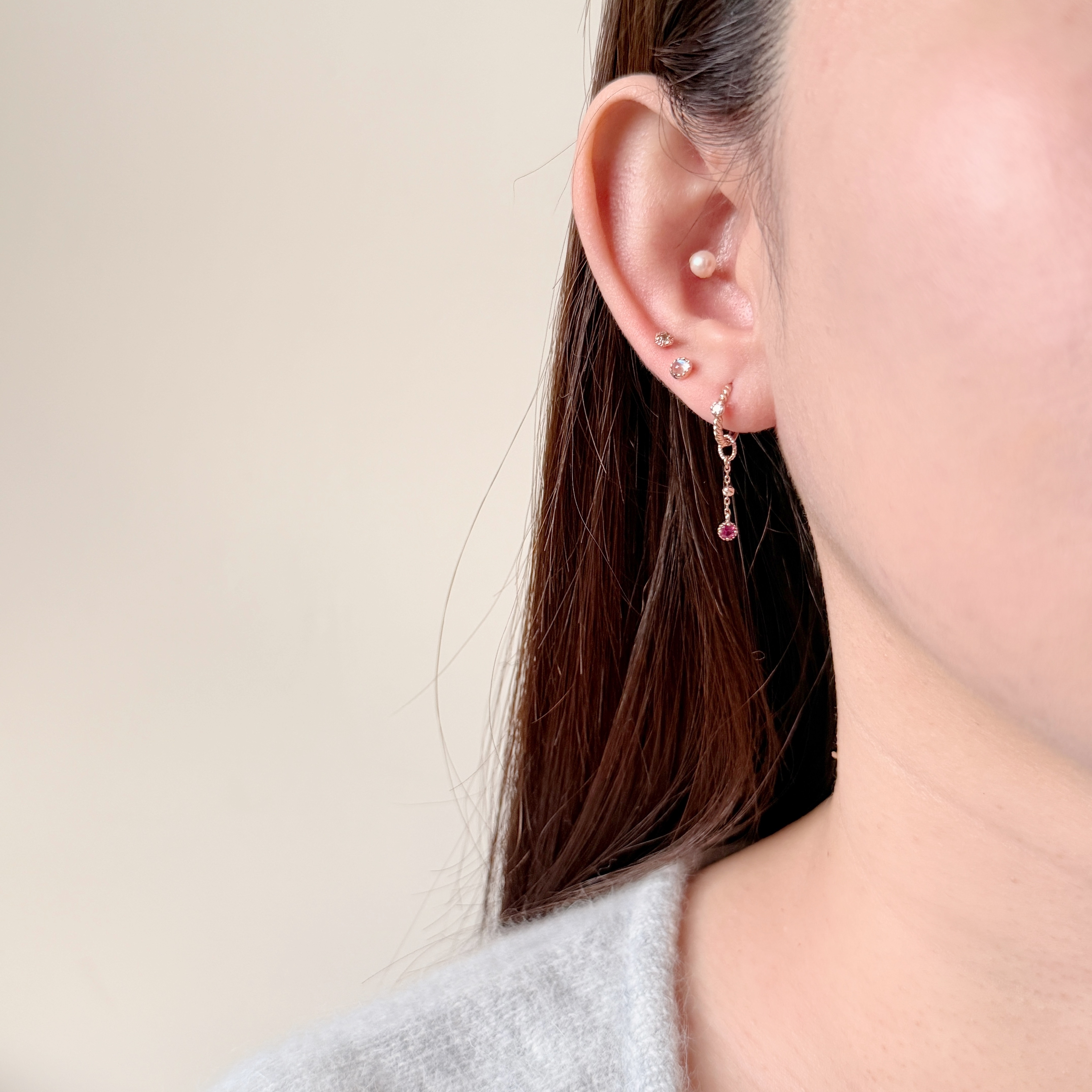 14K小金球小圓紅寶石耳鏈墜