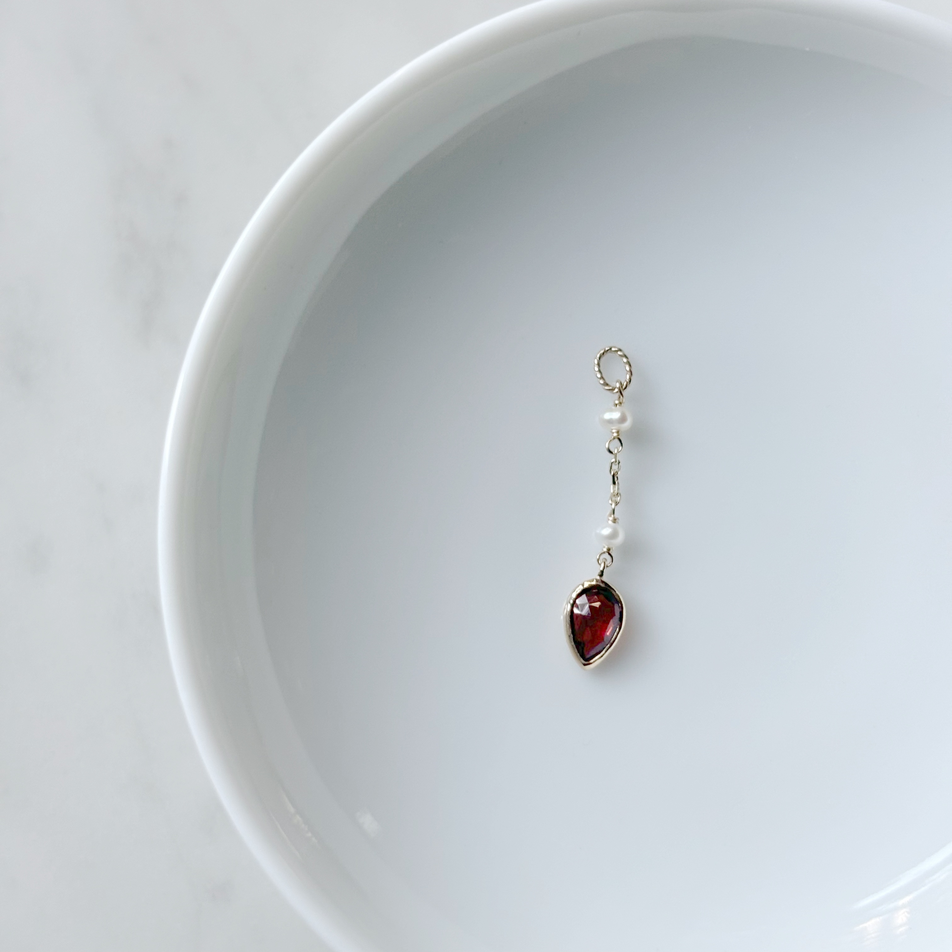 14K倒水滴珍珠石榴石耳鏈墜
