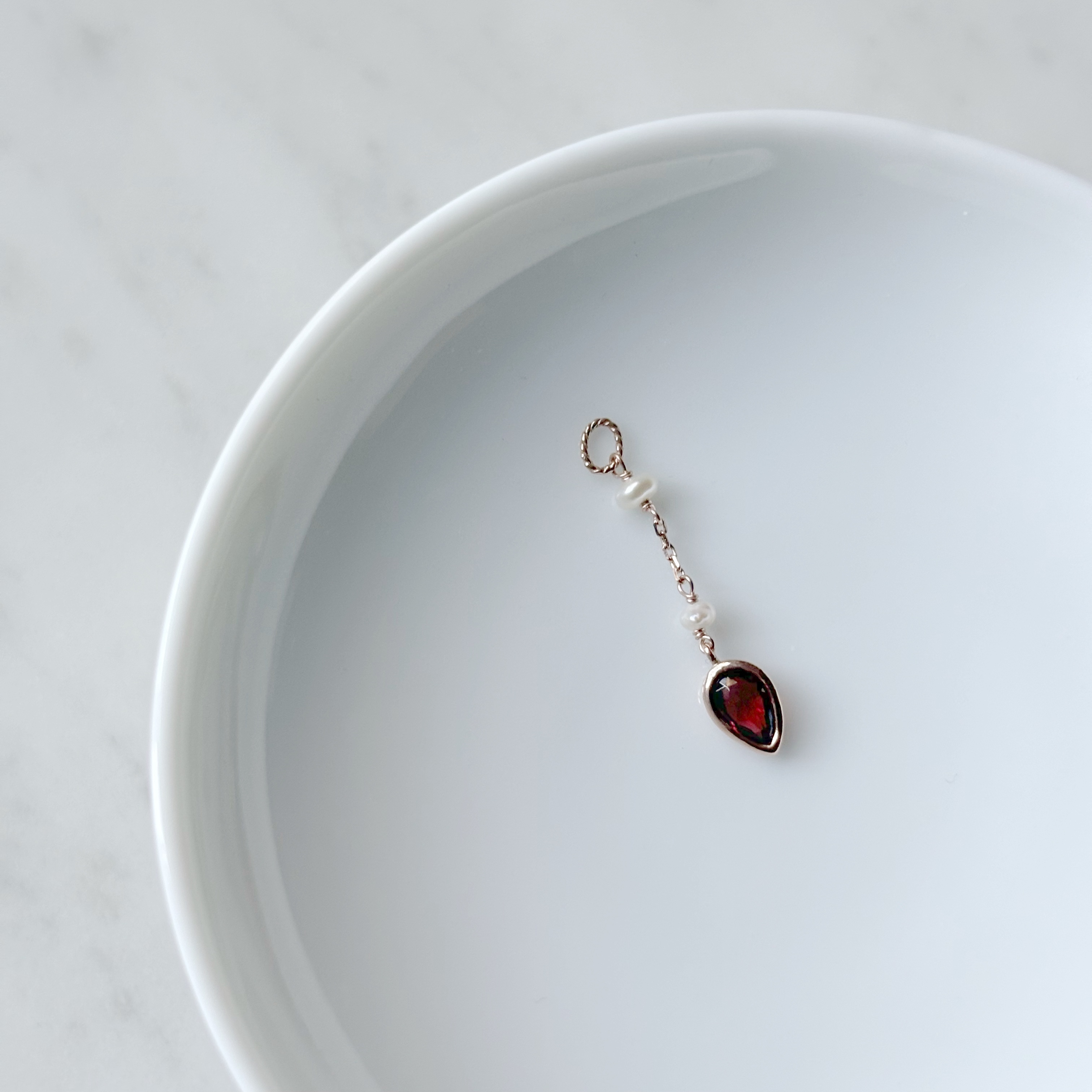 14K倒水滴珍珠石榴石耳鏈墜