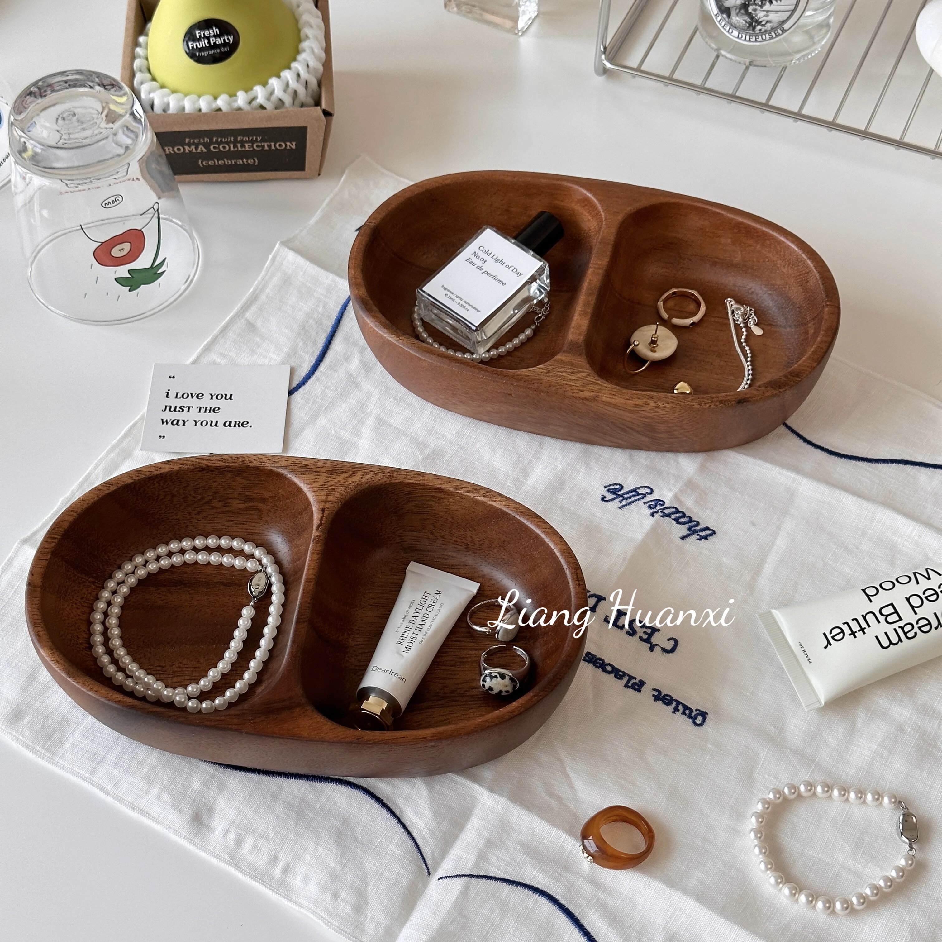 《5369》質感相思木小物飾品雙格船型收納盤