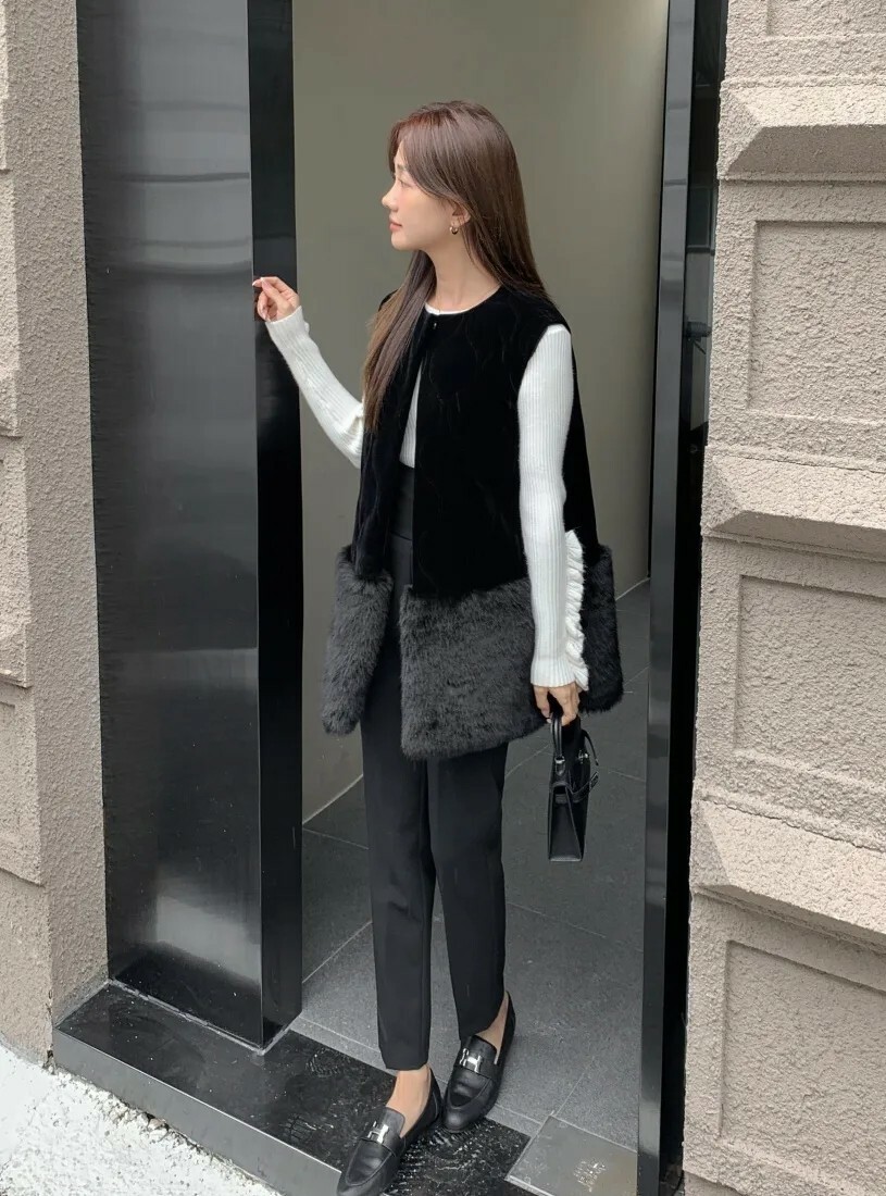 經典黑下擺拼接毛絨絨皮草背心外套-F (Elegant & Love)