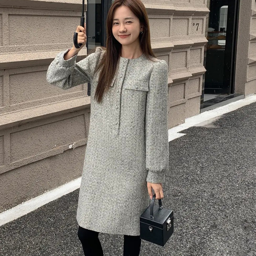 羊毛65%質感灰小香風圓領短洋裝-S-M (Elegant & Love)