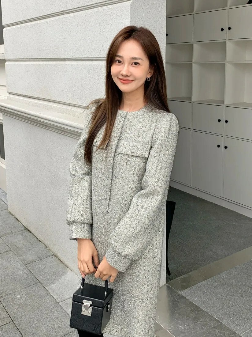 羊毛65%質感灰小香風圓領短洋裝-S-M (Elegant & Love)