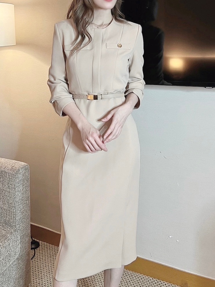 雙金釦金腰帶長袖洋裝