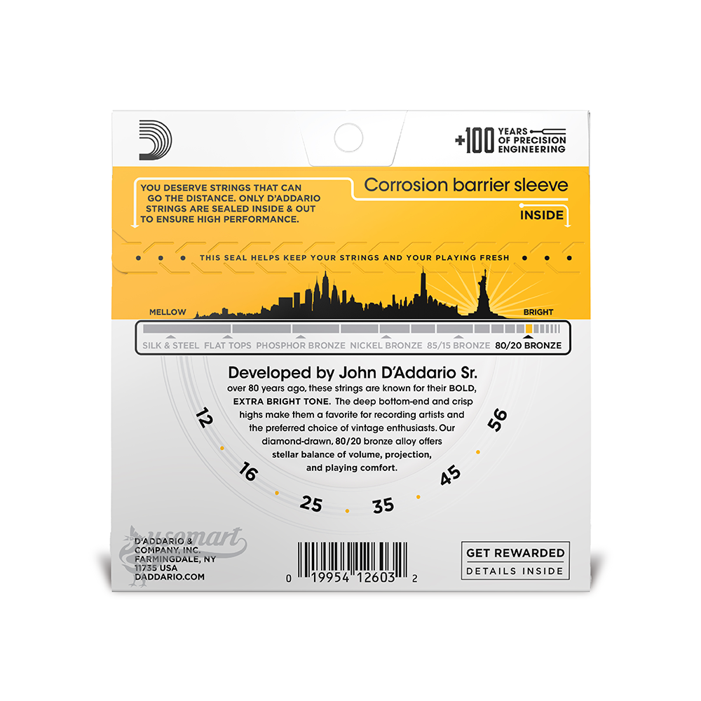 D’Addario 80/20 Bronze EJ14 黃銅民謠吉他套弦 (012-056)