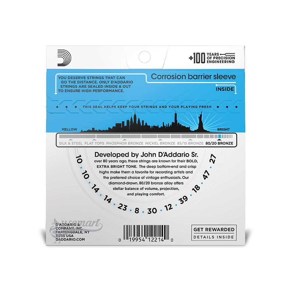 D’Addario 80/20 Bronze EJ36 黃銅民謠吉他十二弦套弦 (010-047)