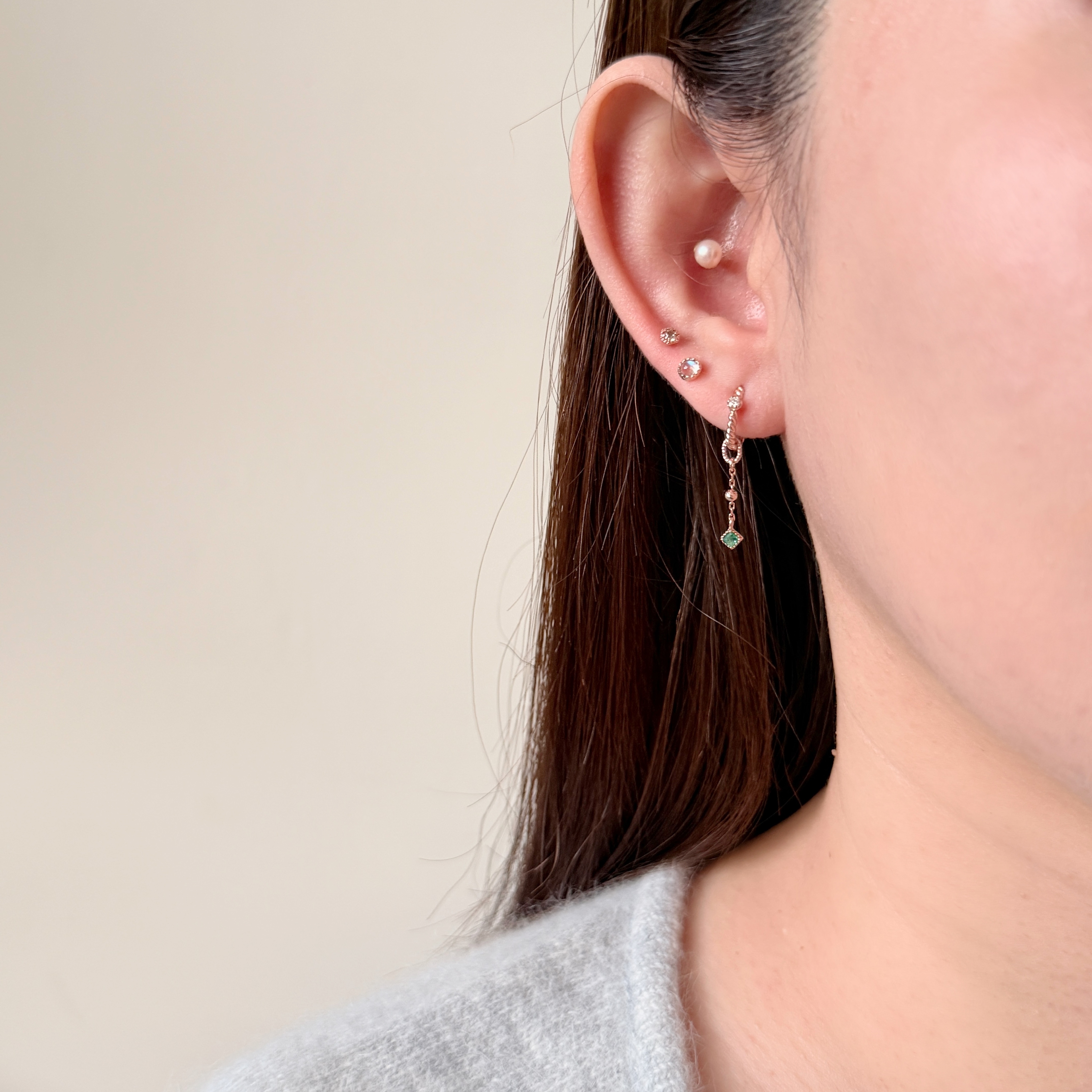 14K小金球菱形祖母綠耳鏈墜