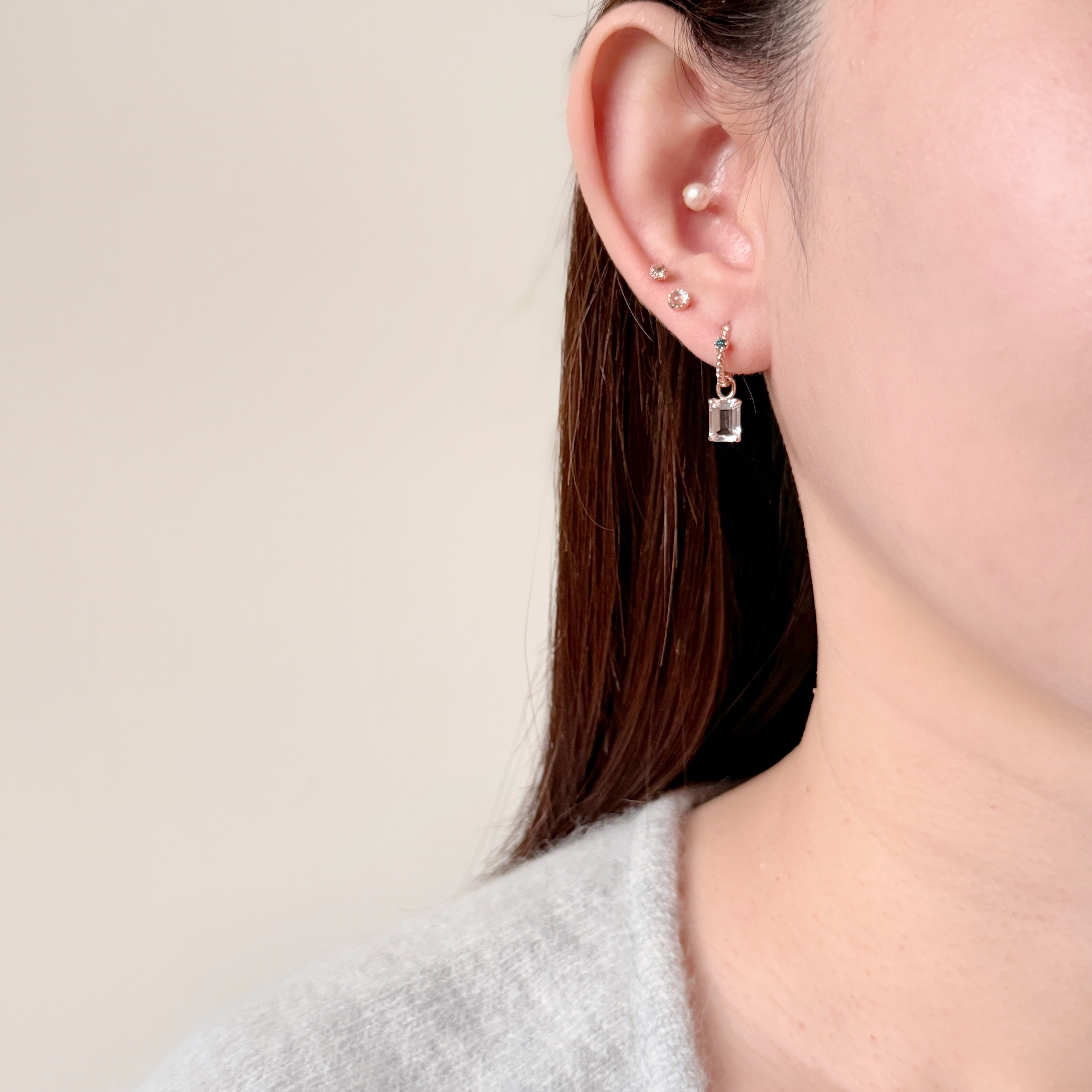 14K四爪長方白水晶耳墜