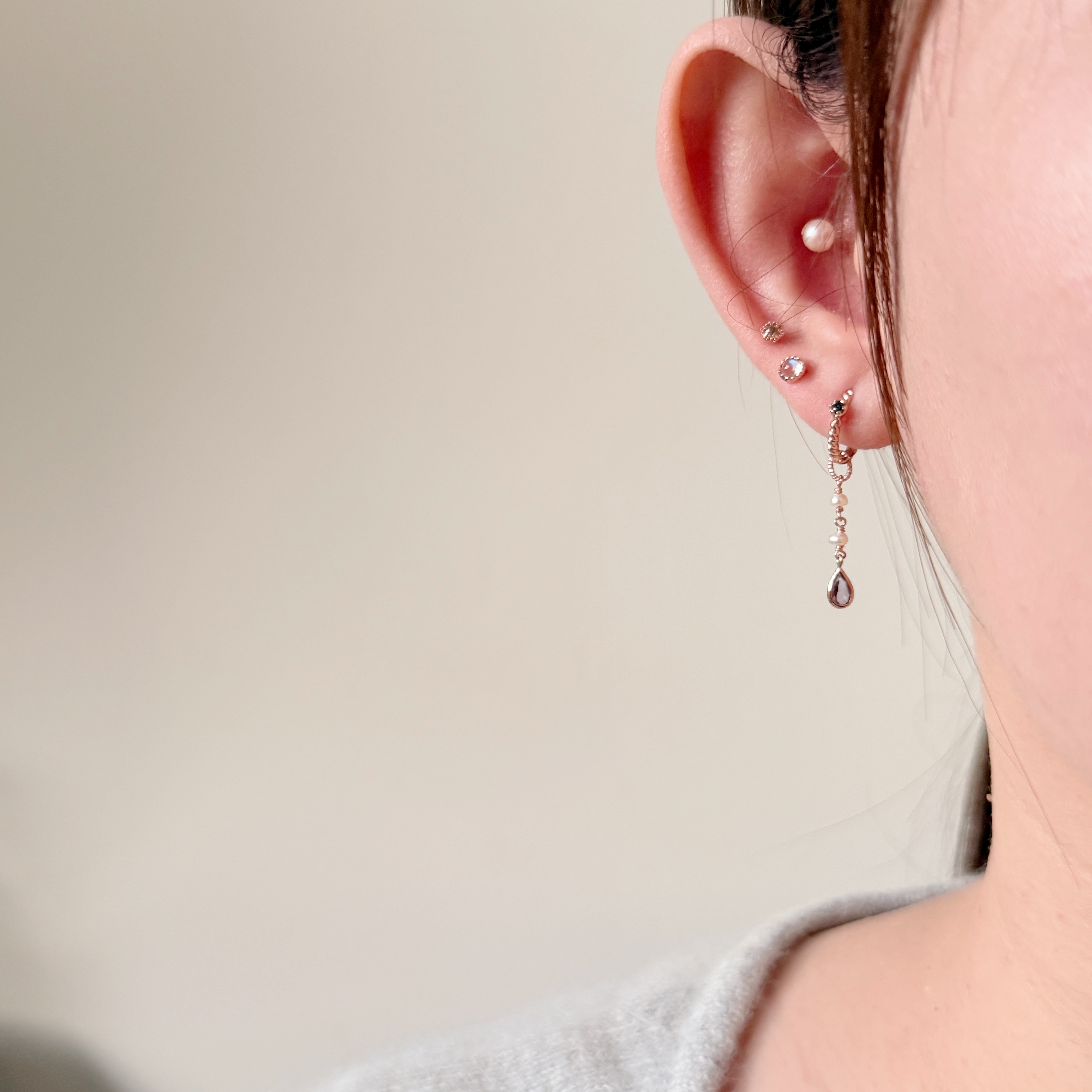 14K小水滴紫水晶珍珠耳鏈墜