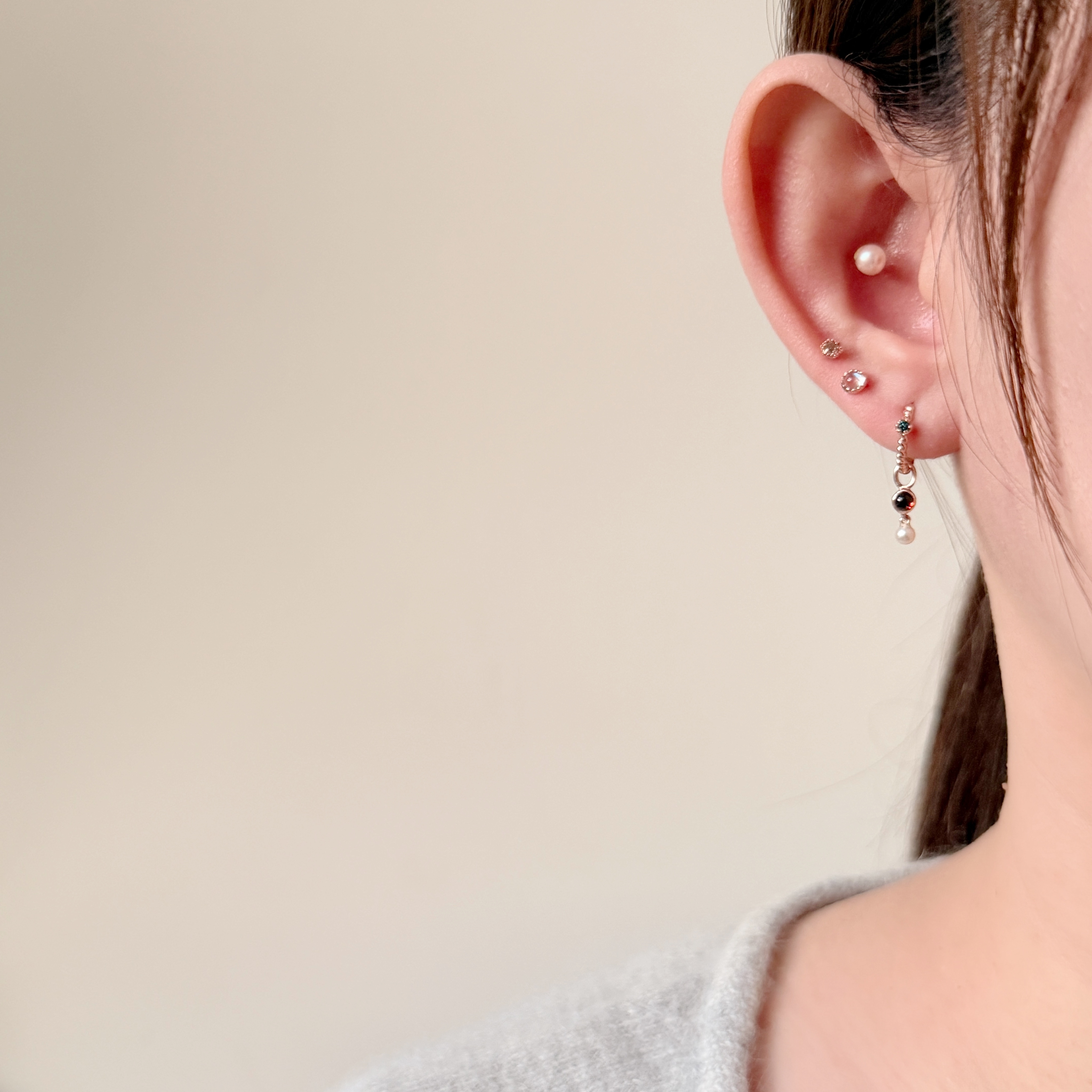 14K小圓石榴石珍珠耳墜