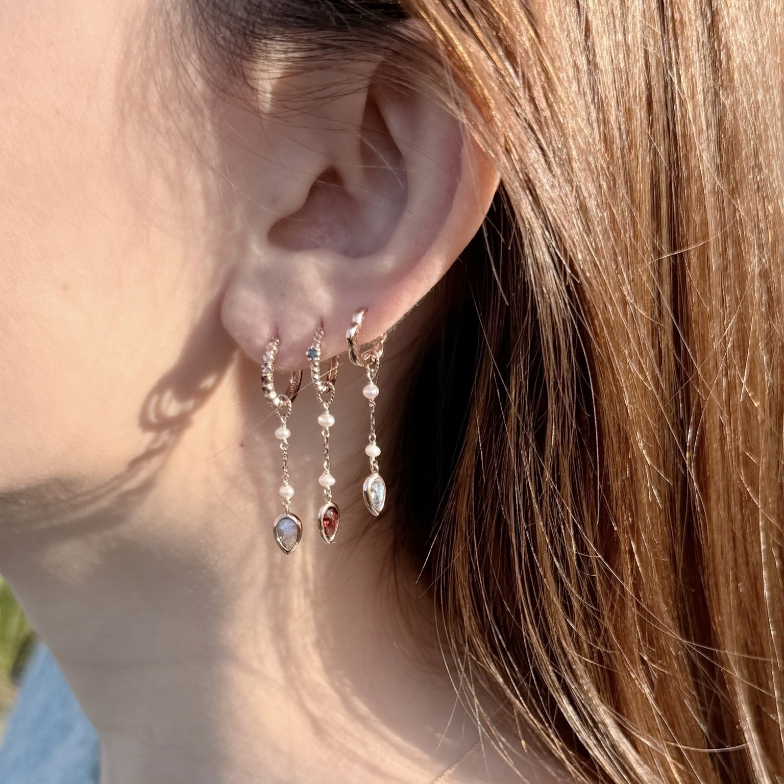 14K倒水滴珍珠石榴石耳鏈墜