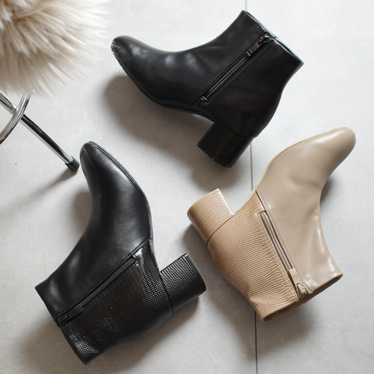 野性魅力 拼接刷毛方頭高跟短靴