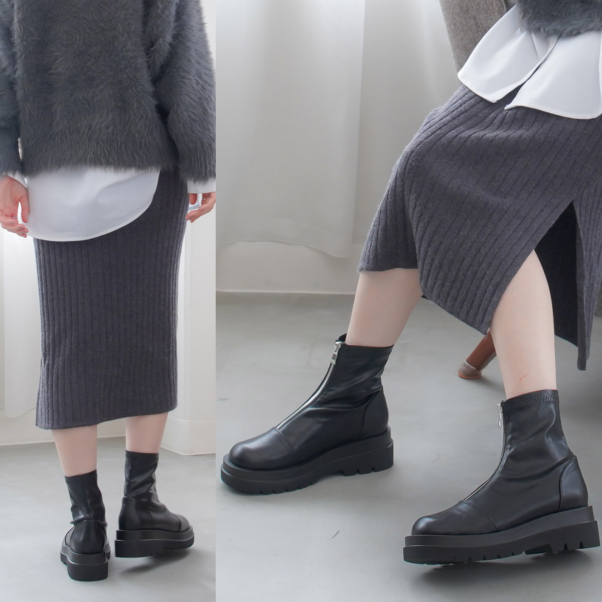 鬆糕厚底 前拉鍊率性襪靴