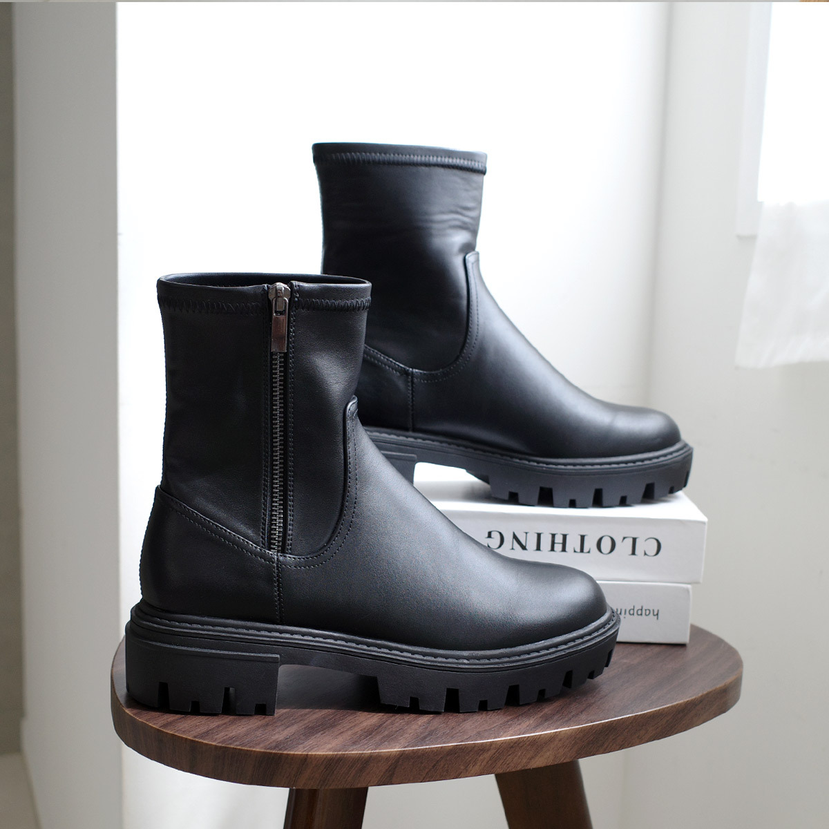 酷甜顯瘦 側拉鍊厚底襪靴