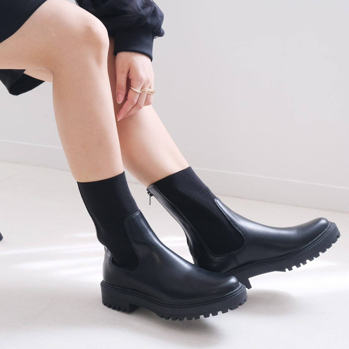 百搭風格 羅紋針織厚底切爾西靴