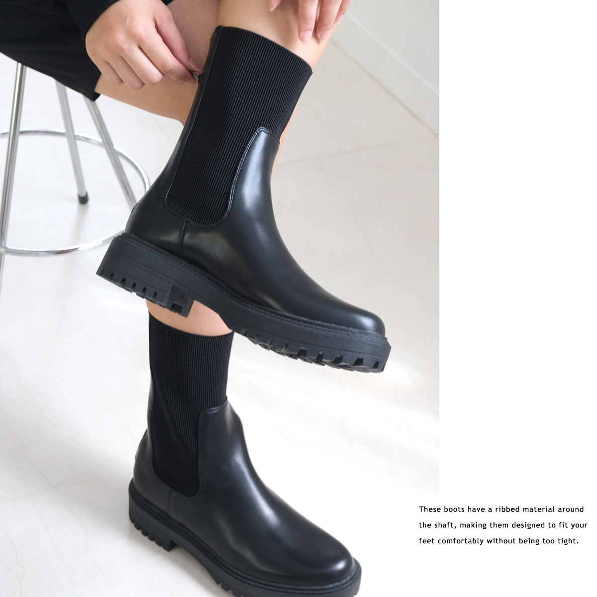 百搭風格 羅紋針織厚底切爾西靴