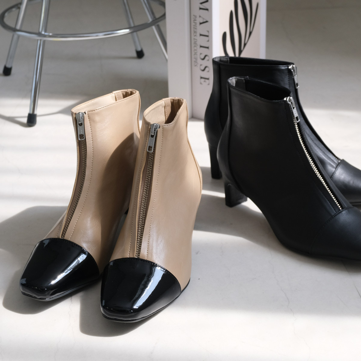 個性展現 方頭前拉鍊板根短靴