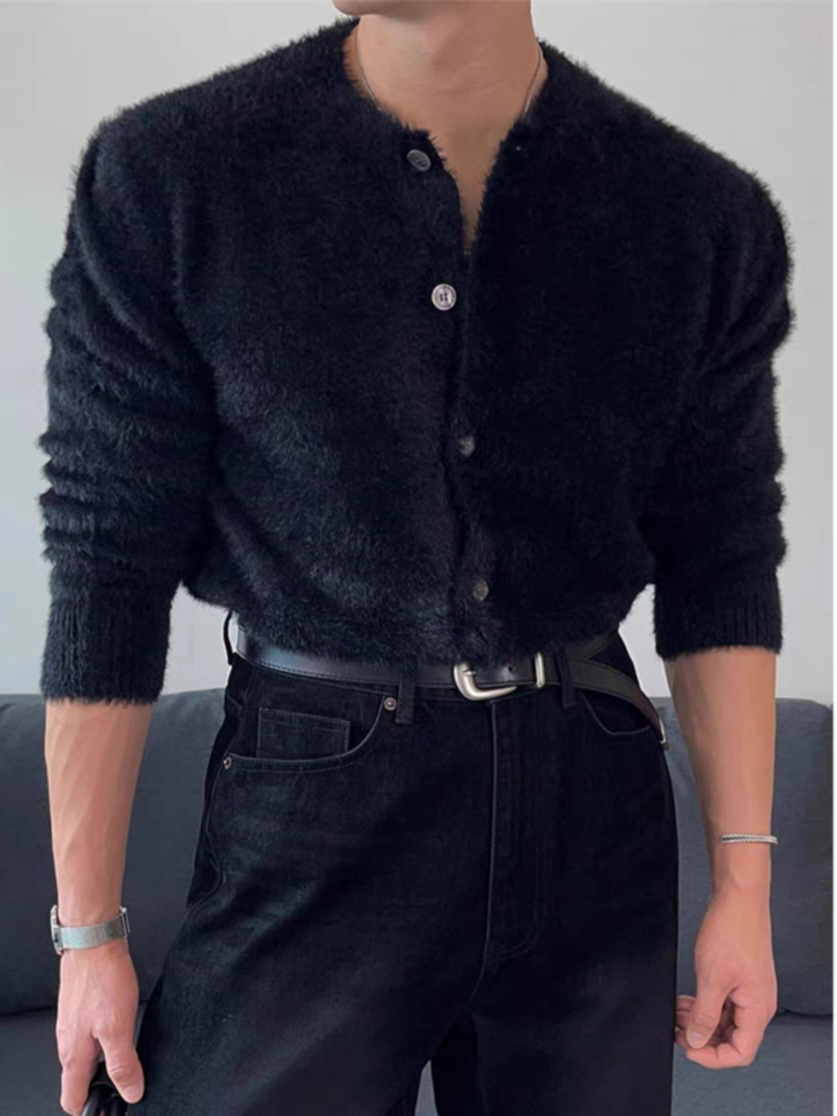 圓領安哥拉羊毛針織開襟衫