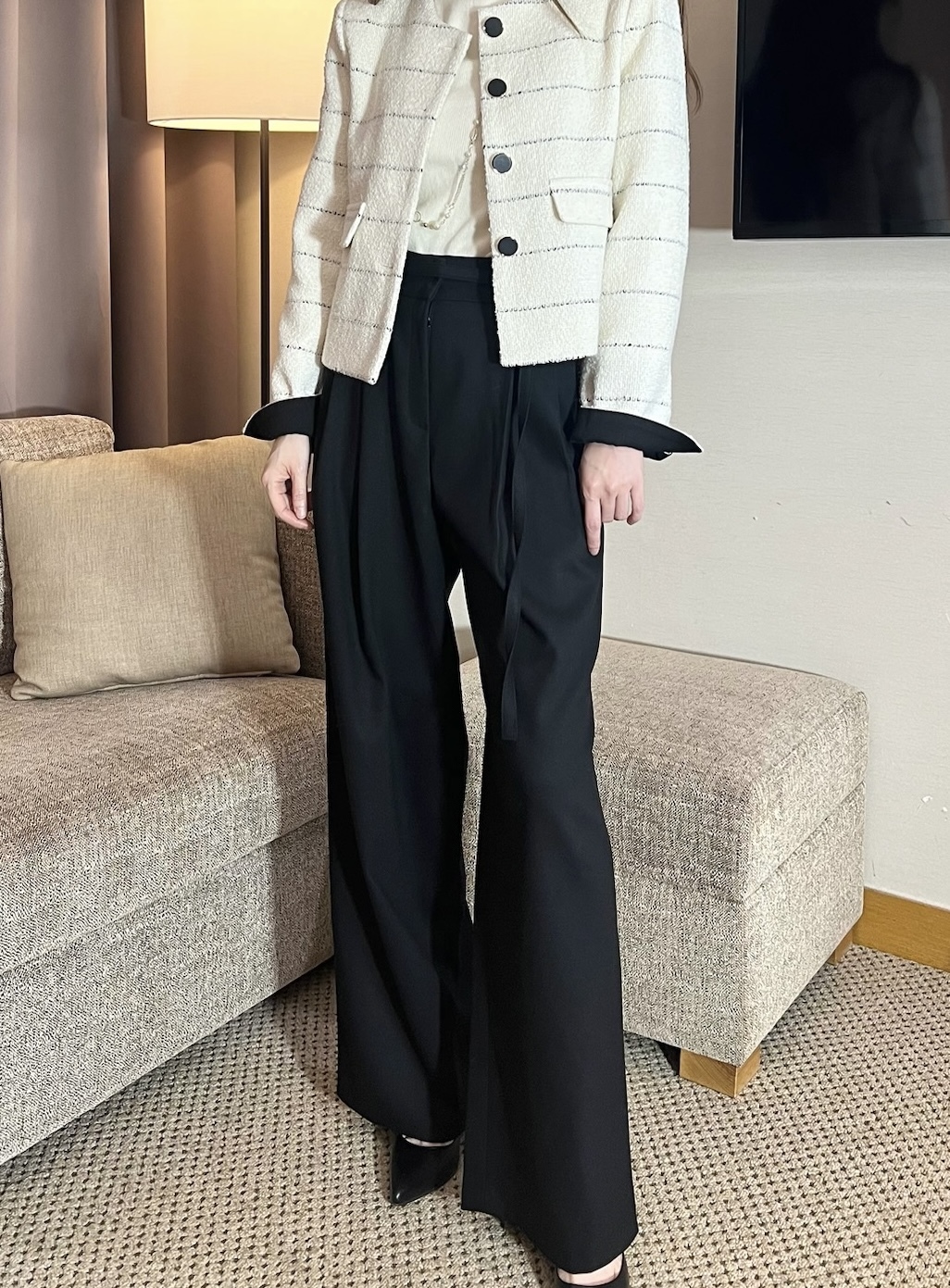 率性俐落綁帶直筒西褲-刷絨