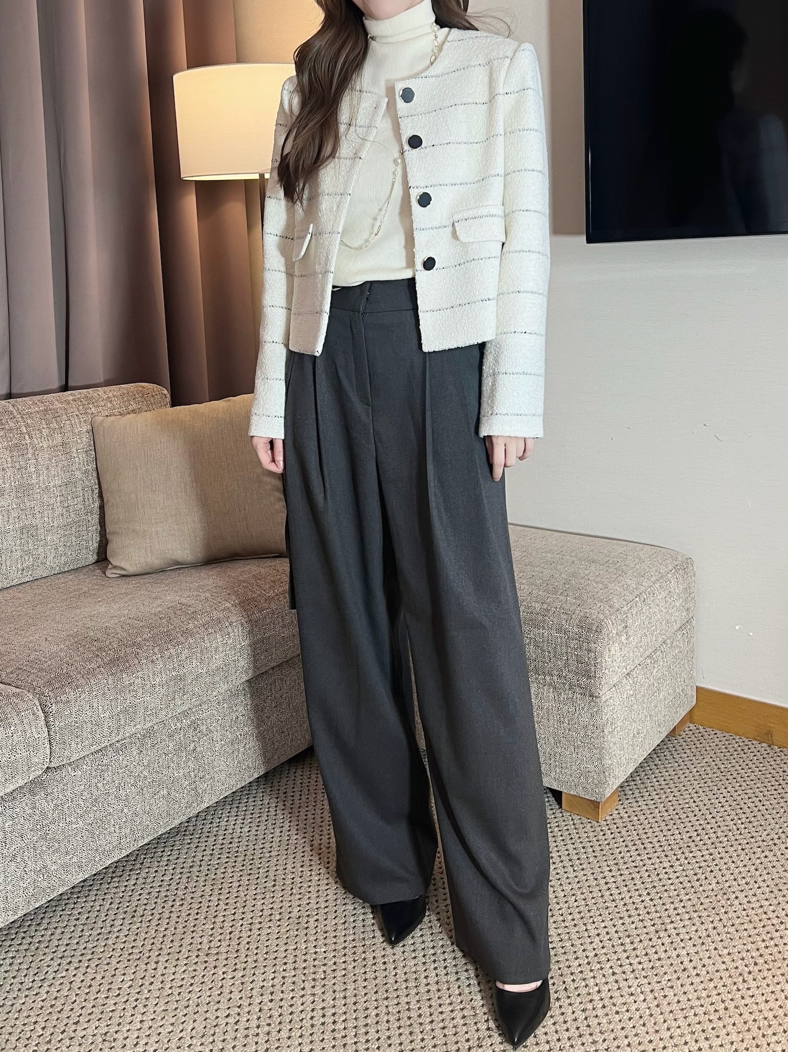 率性俐落綁帶直筒西褲-刷絨