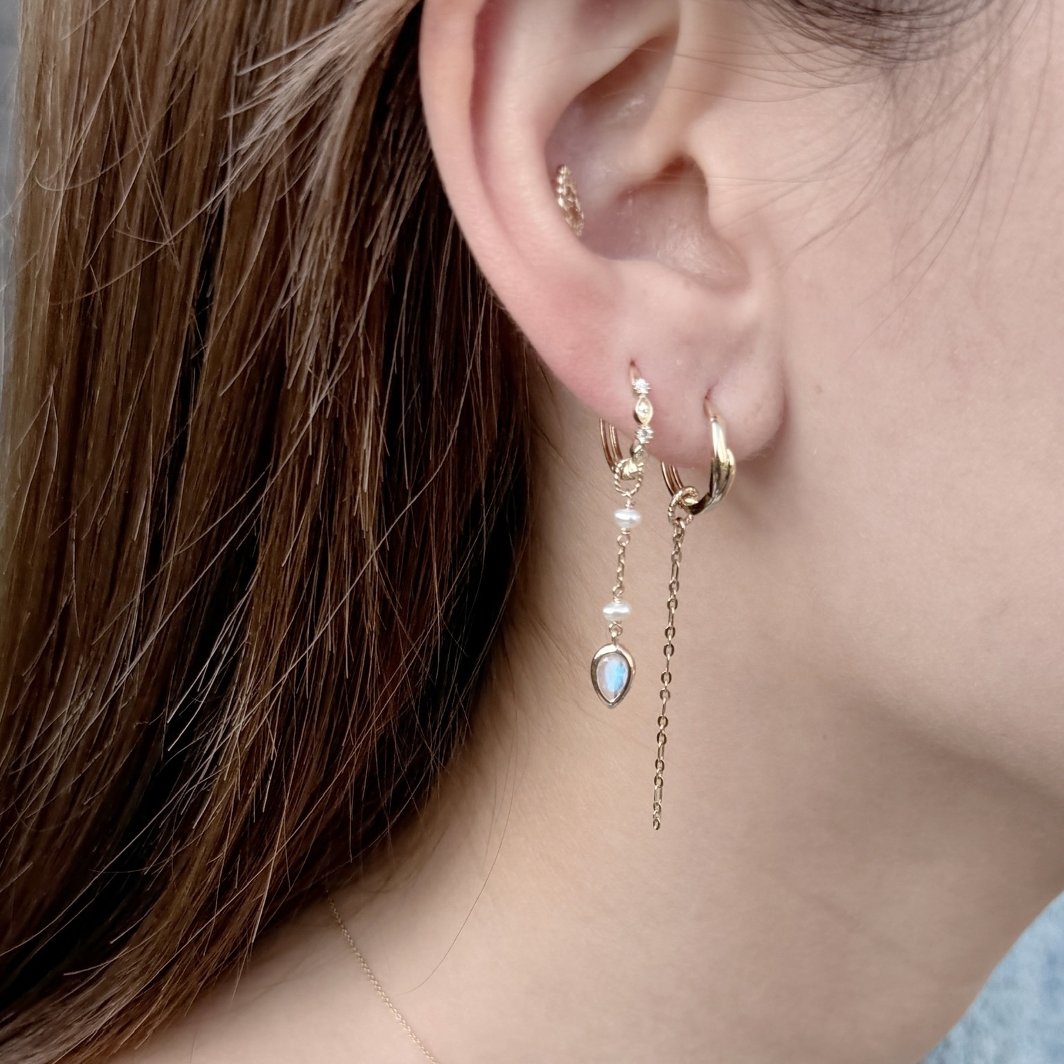 14K倒水滴珍珠月光石耳鏈墜