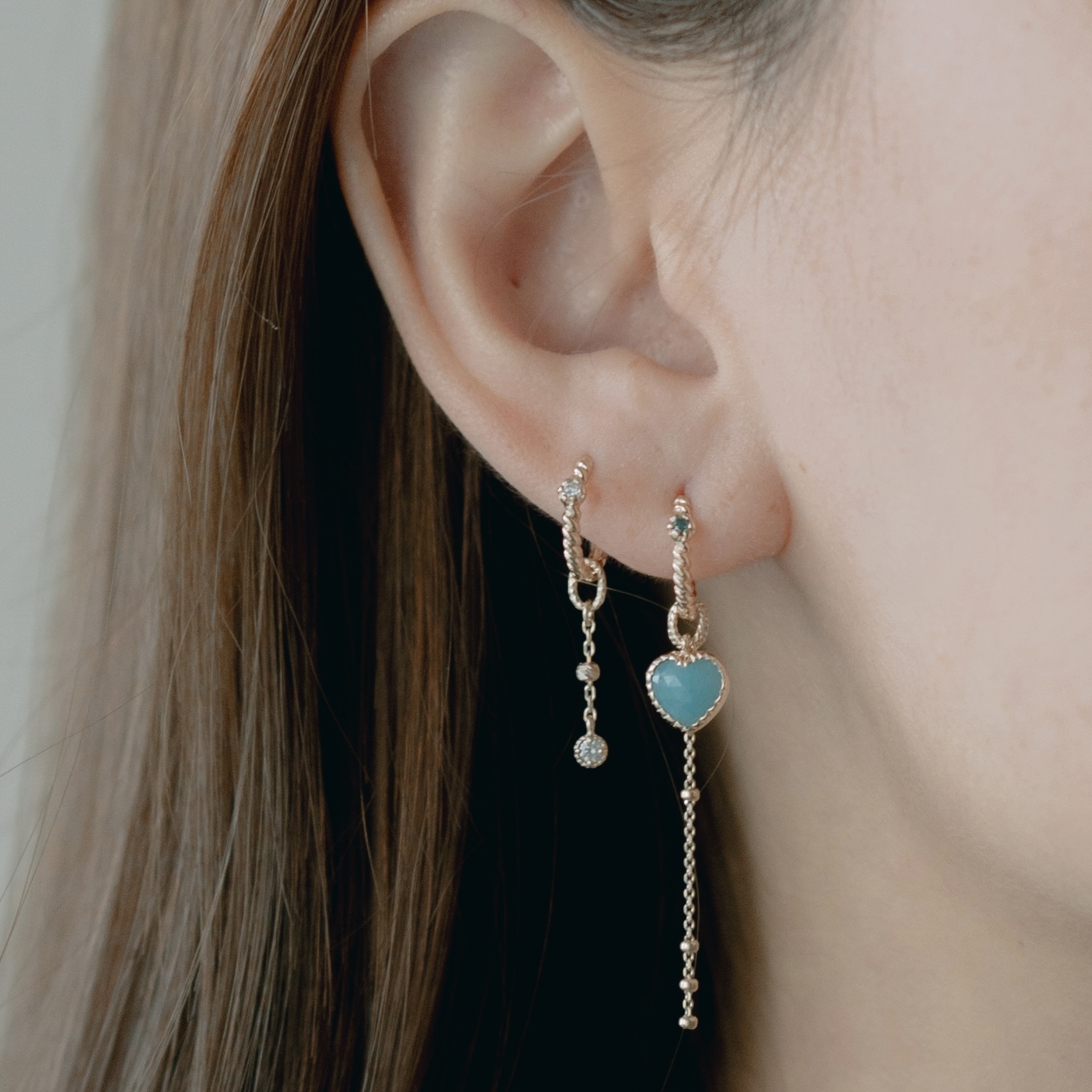 14K大蛋糕愛心水藍石英耳墜