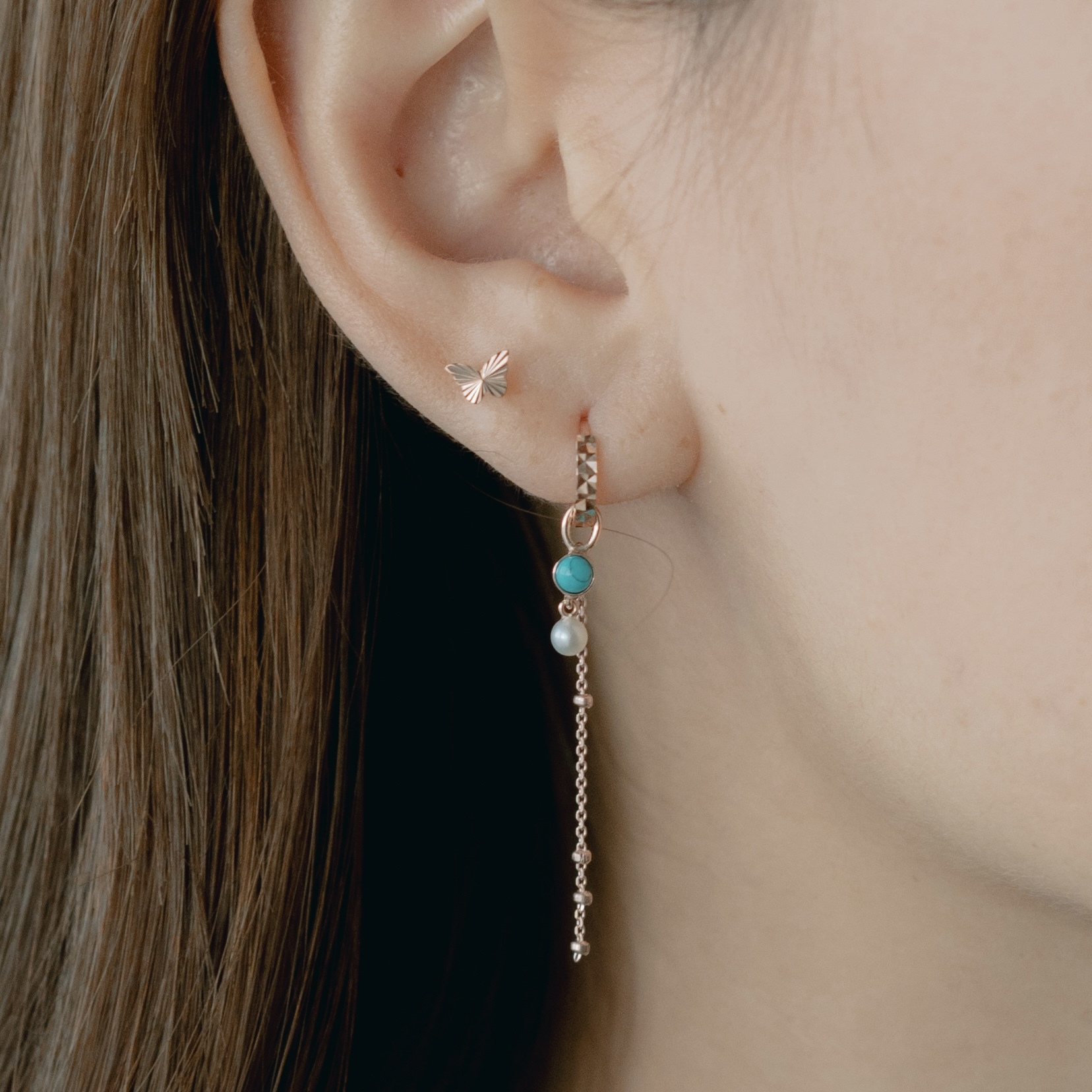 14K小圓土耳其石珍珠耳墜