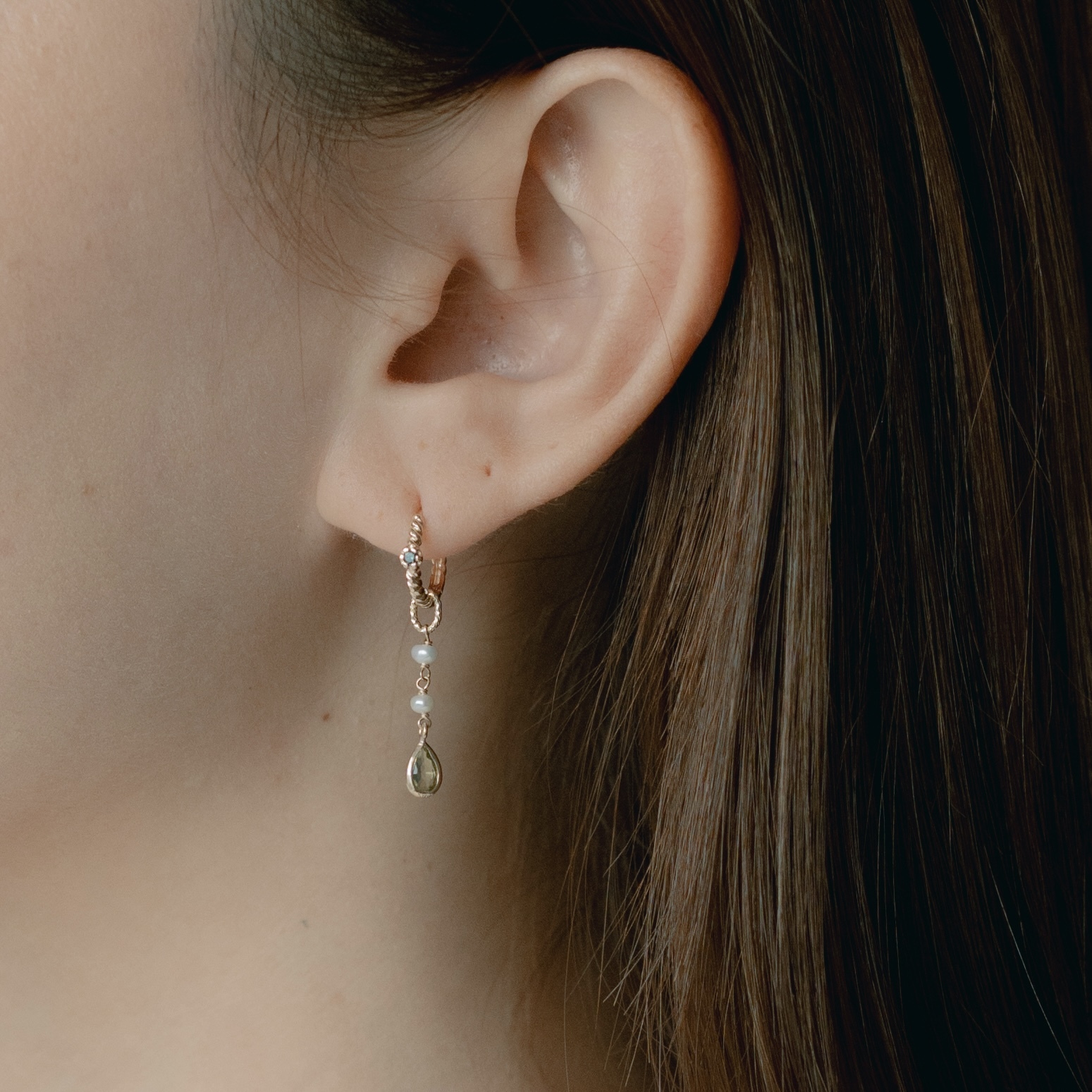 14K小水滴橄欖石珍珠耳鏈墜