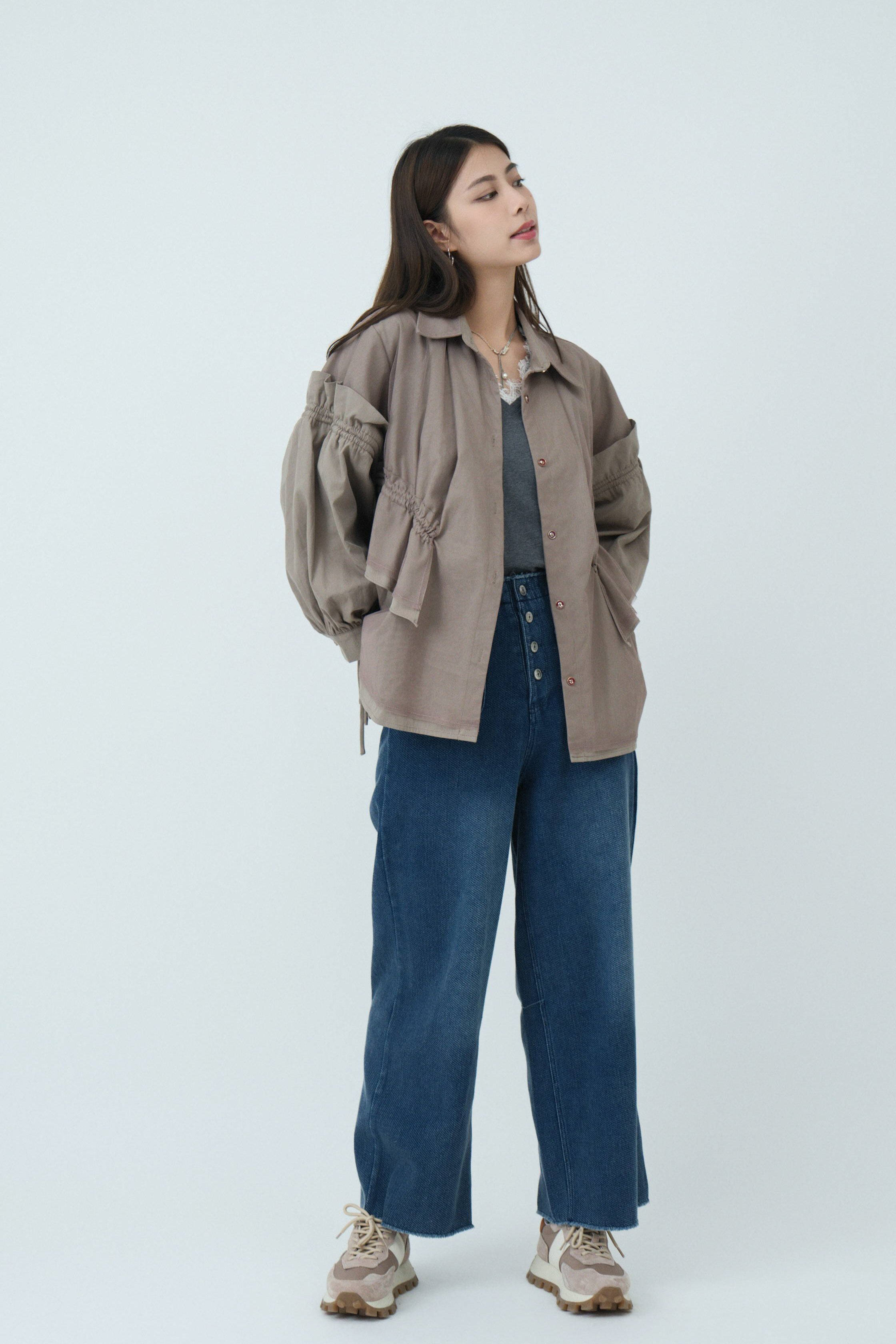 束繩荷葉拼網紗恤衫外套  (現貨款式）