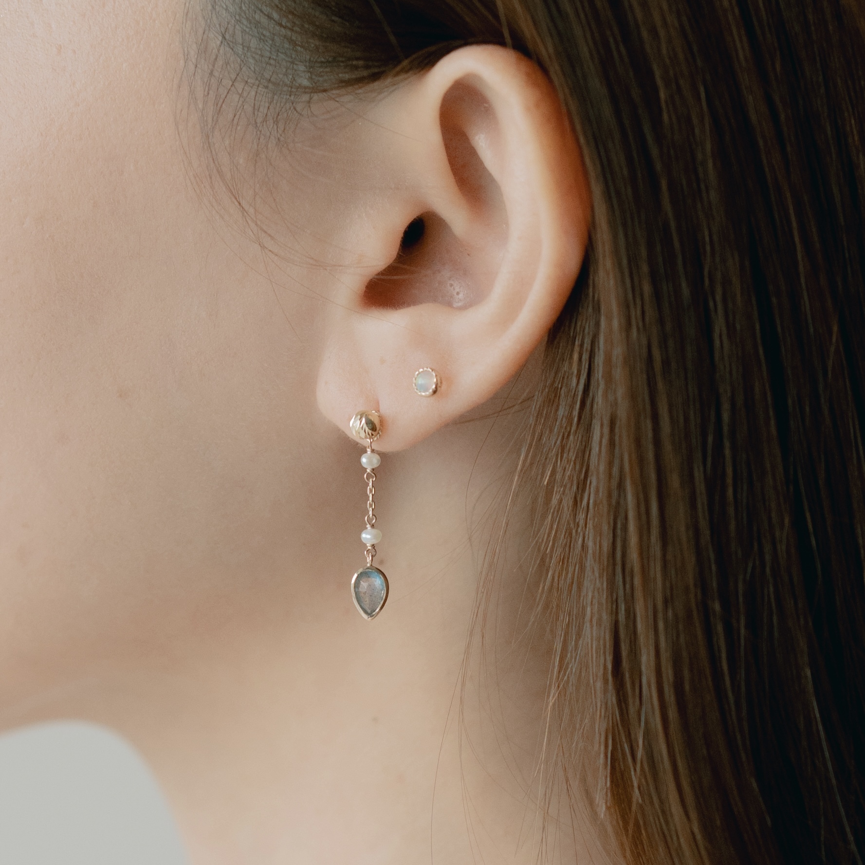 14K倒水滴珍珠拉長石耳鏈墜