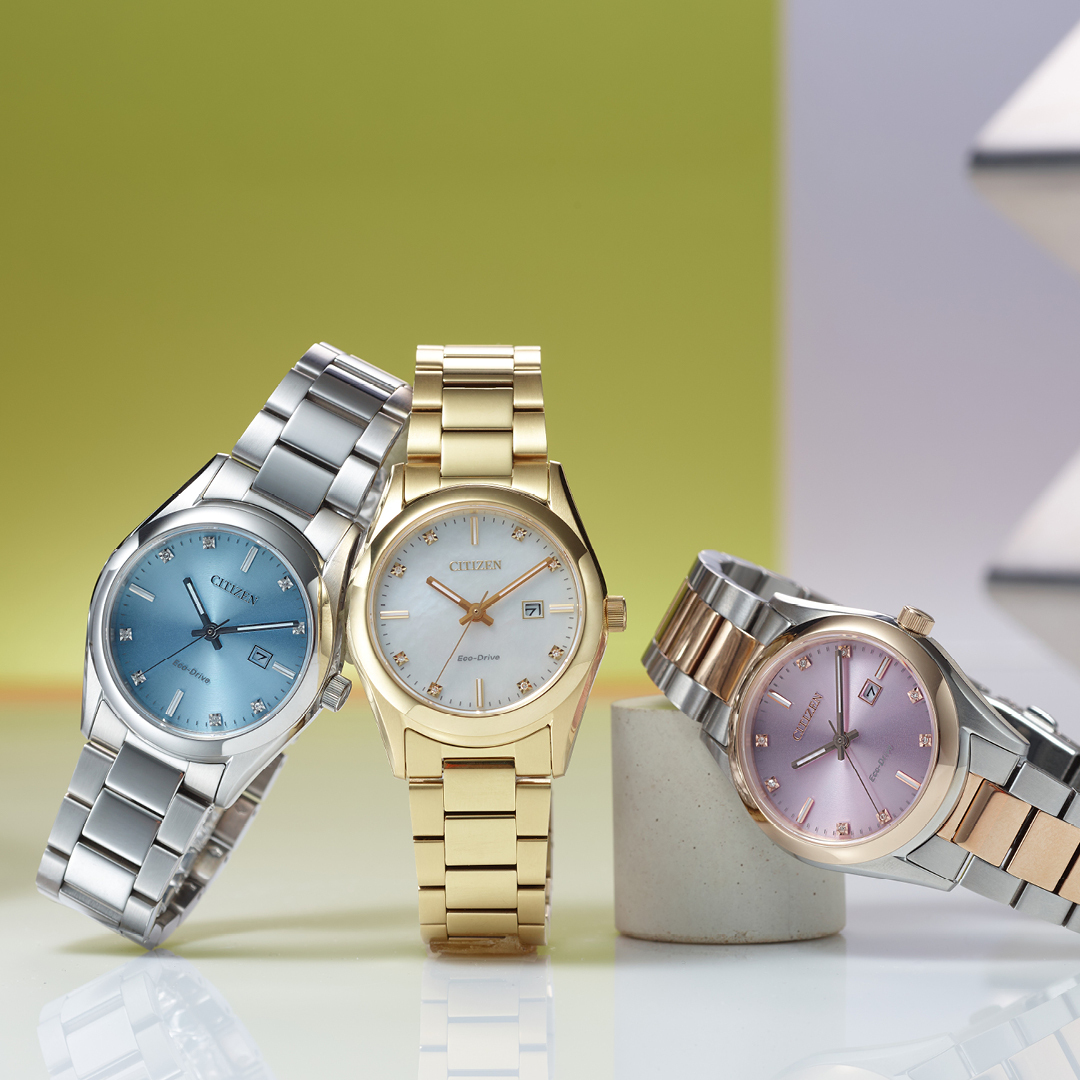 Citizen 星辰 Eco-Drive Sport Luxury Diamond Stainless Steel Watch 33mm - EW2700-54L 藍色錶盤  $2630 , EW2706-58X 粉紅色錶盤 $2950 , EW2702-59D 金色不銹鋼  $2950 , 光動能女士鑽石手錶